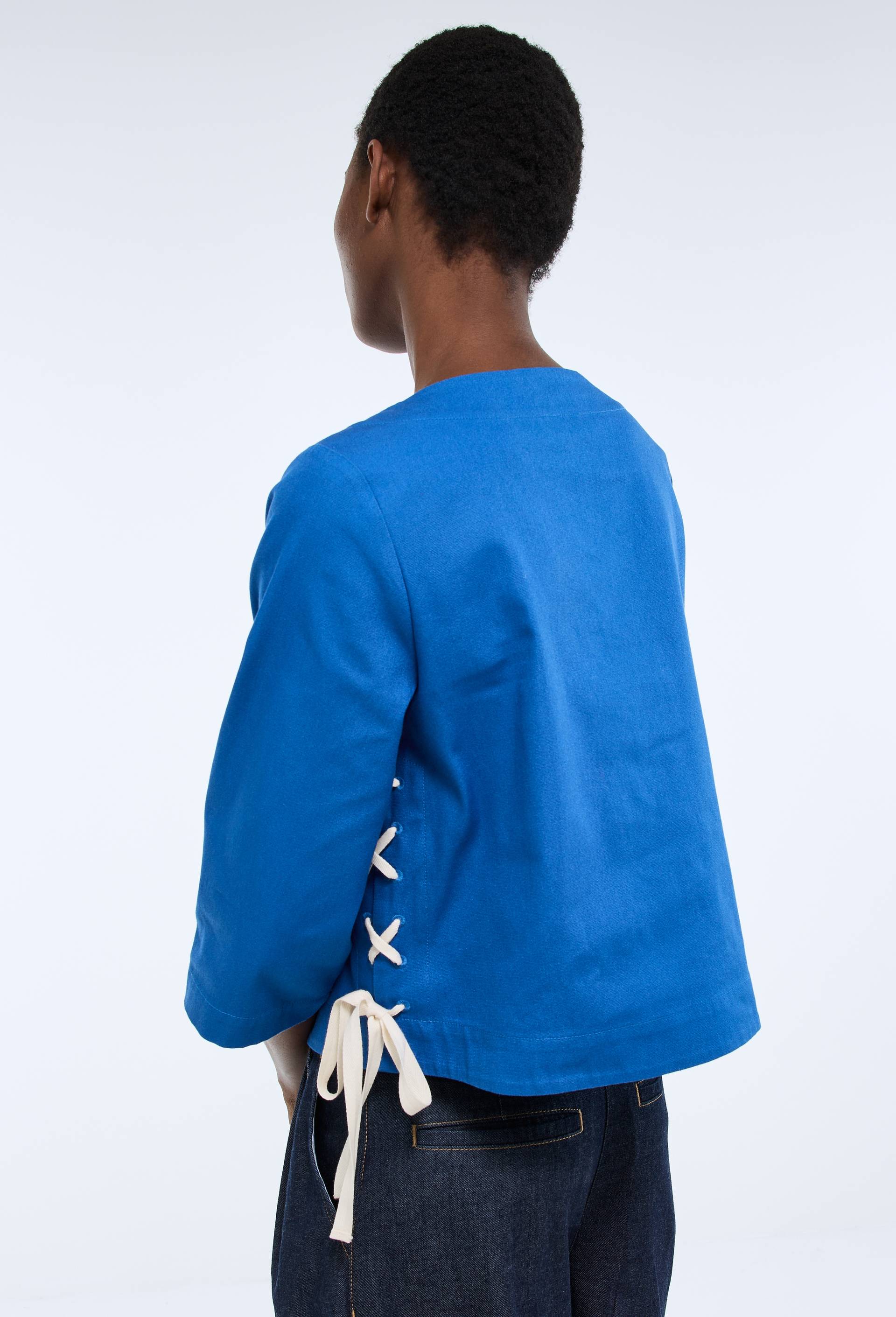 Blouse manches longues avec la&ccedil;age sur les c&ocirc;t&eacute;s uni en coton BIO GOTS, Bleu, large image number 3.0