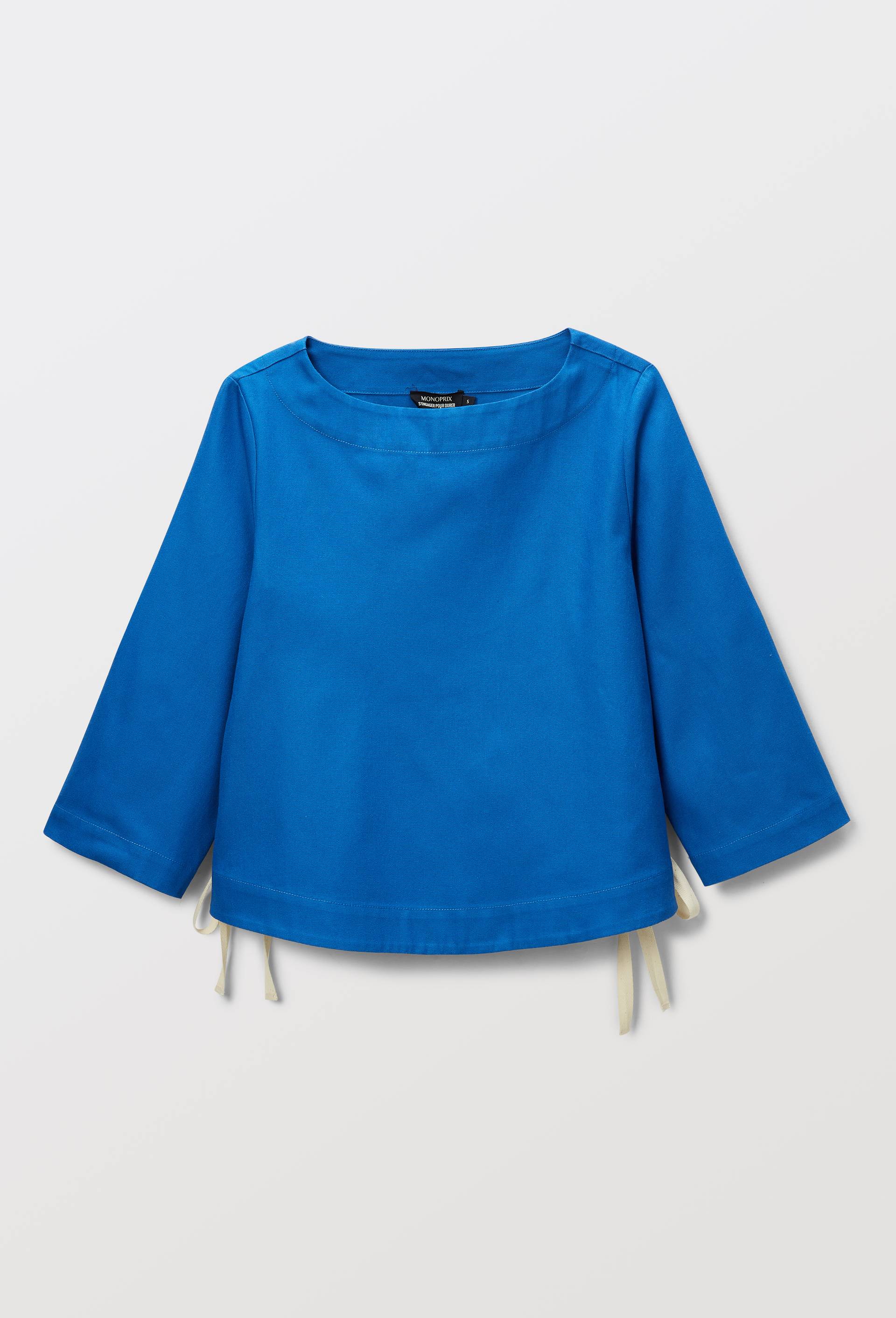 Blouse manches longues avec la&ccedil;age sur les c&ocirc;t&eacute;s uni en coton BIO GOTS, Bleu, large image number 4