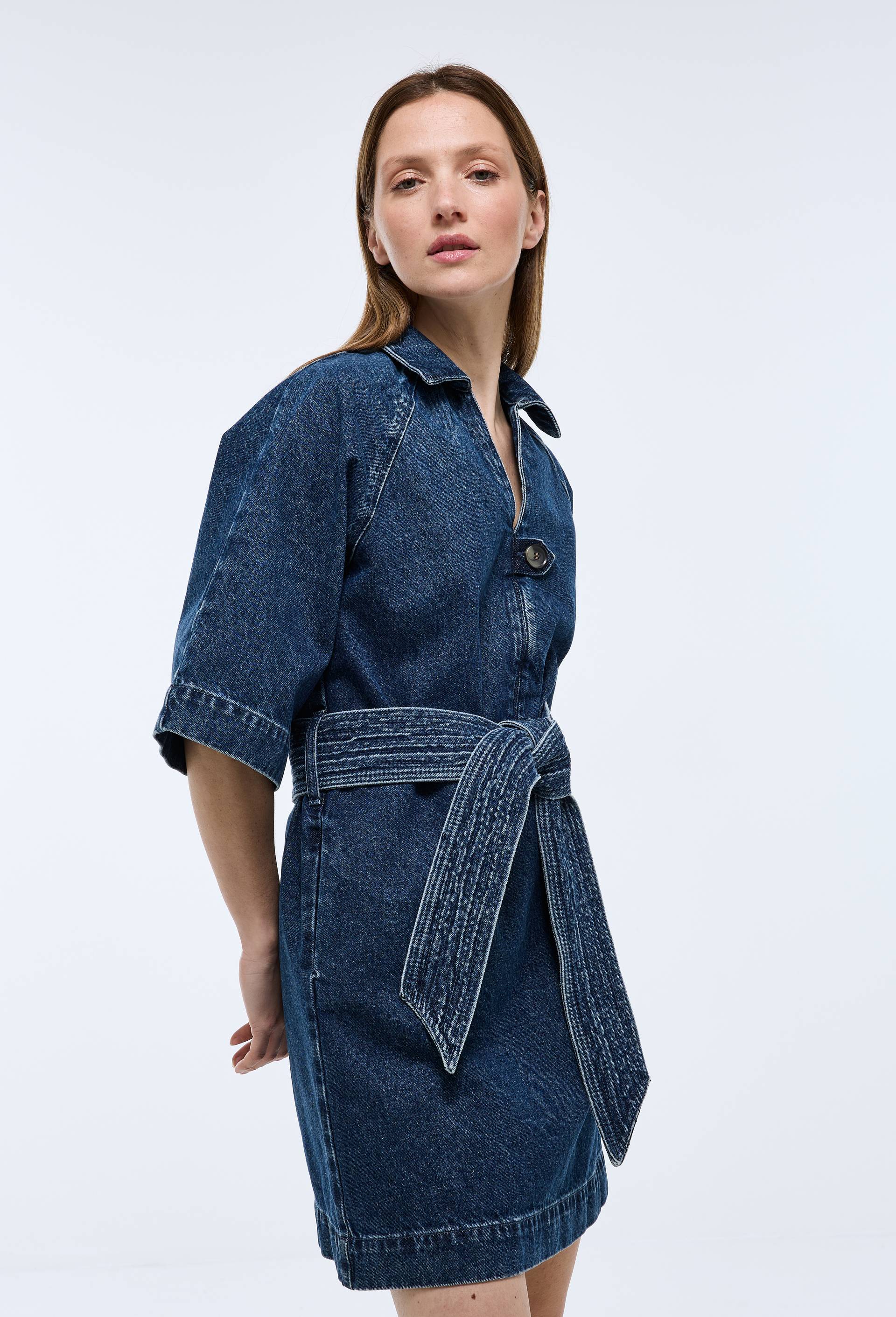 Robe jean courte unie en coton, Bleu fonc&eacute;, large image number 0.0