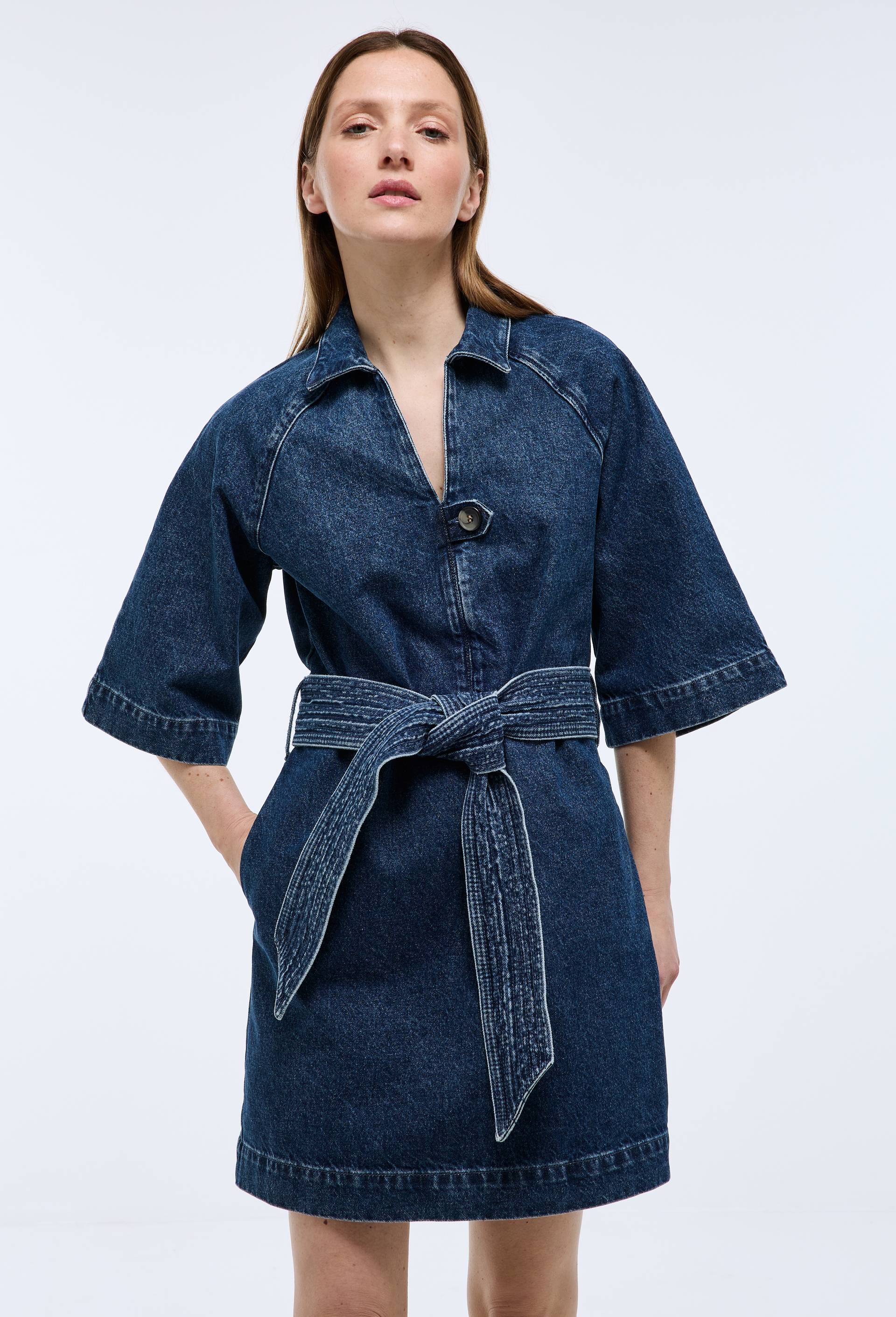 Robe jean courte unie en coton, Bleu fonc&eacute;, large image number 1
