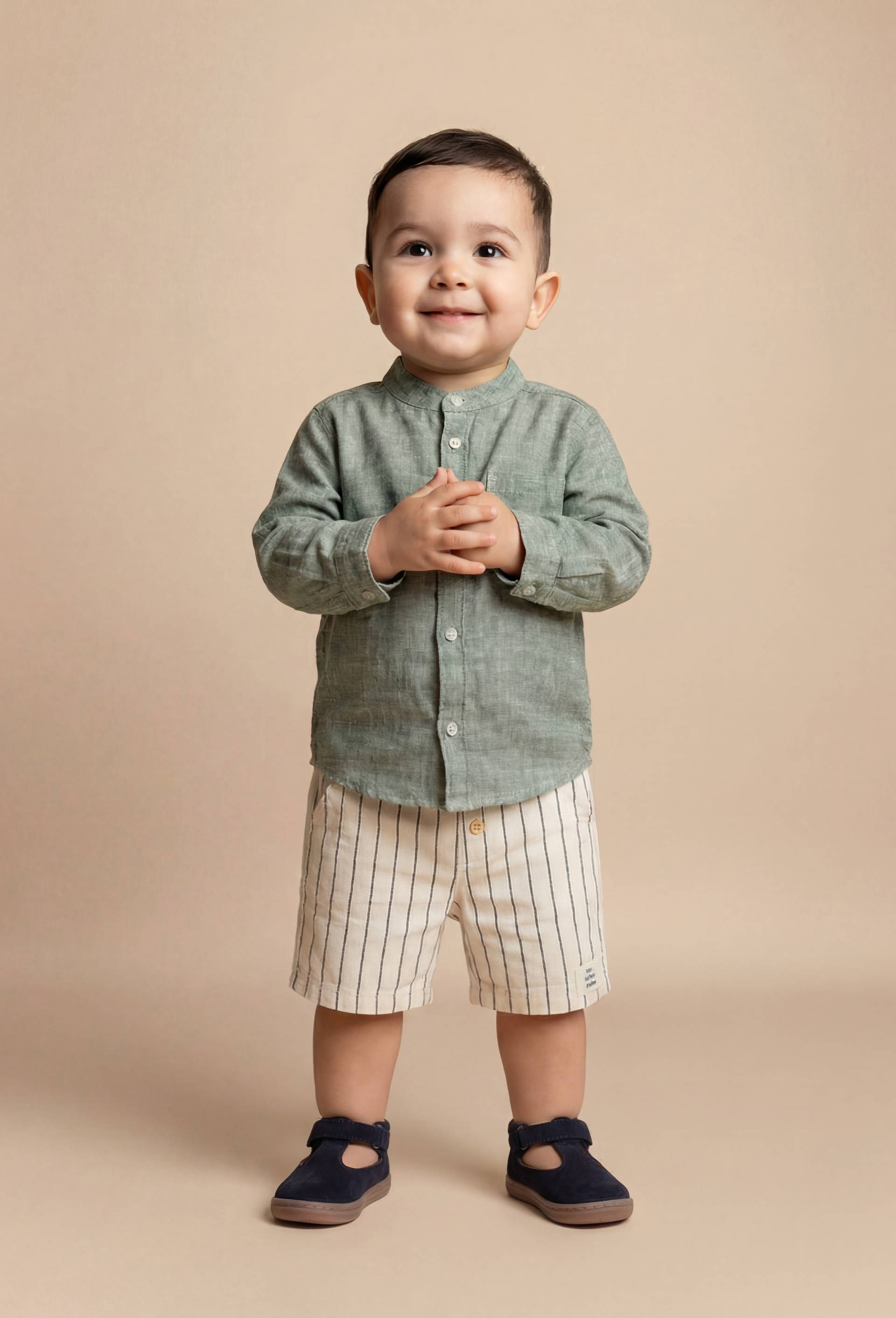 Chemise col mao unie en lin, Vert, swatch image