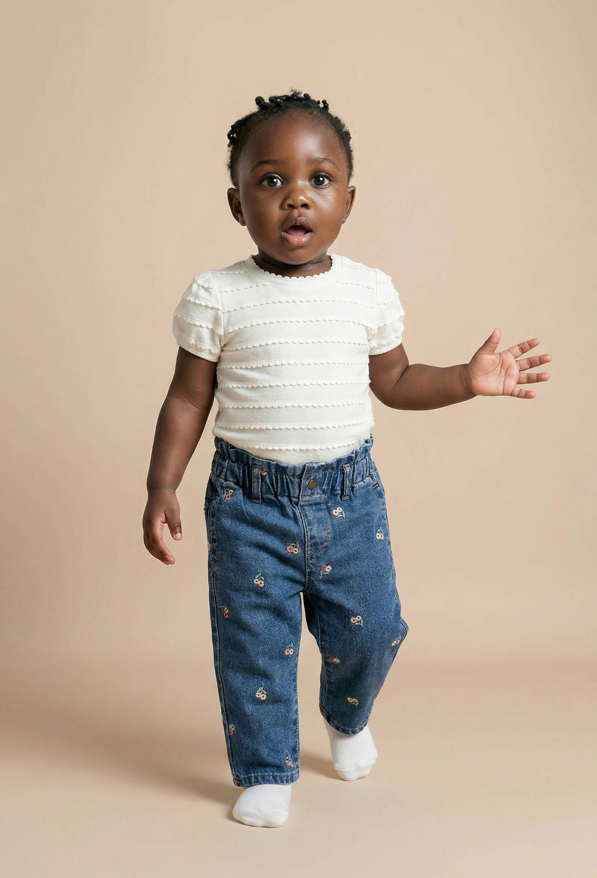 Jean taille &eacute;lastique brod&eacute; en coton BIO GOTS, Bleu fonc&eacute;, large image number 0