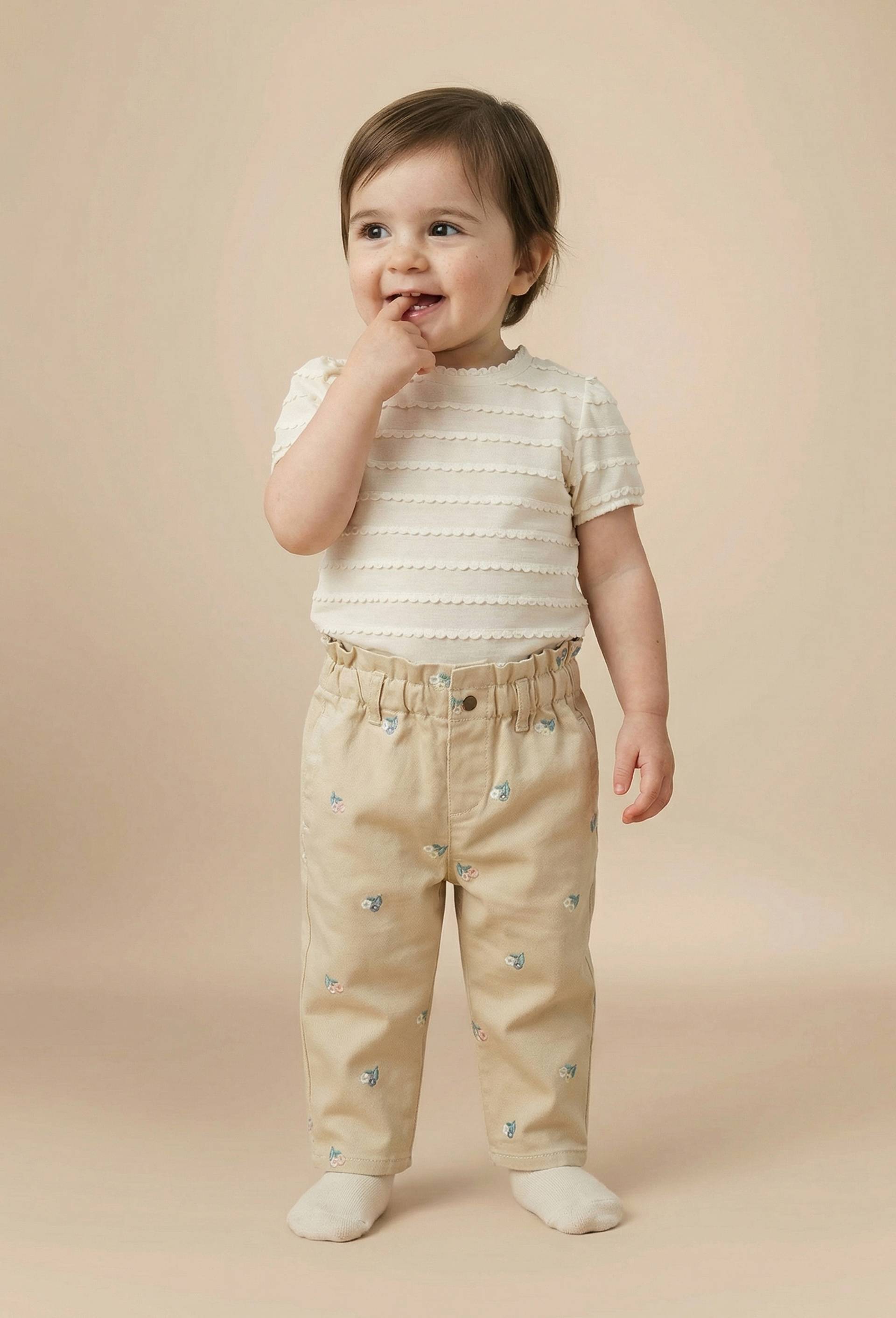 Pantalon taille &eacute;lastique brod&eacute; en coton BIO GOTS, Beige, large image number 0.0