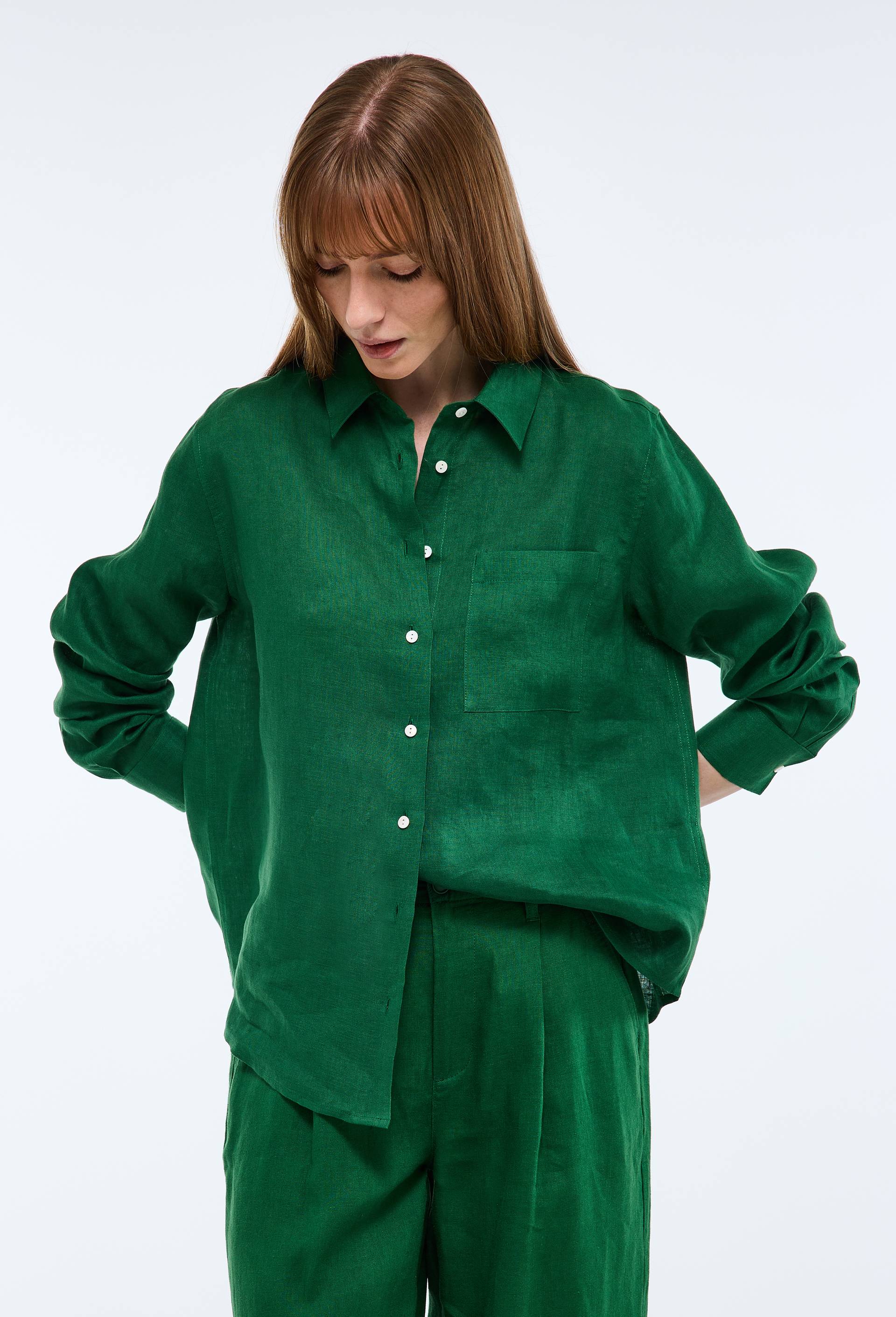 Chemise manches longues unie en lin, Vert fonc&eacute;, large image number 0.0