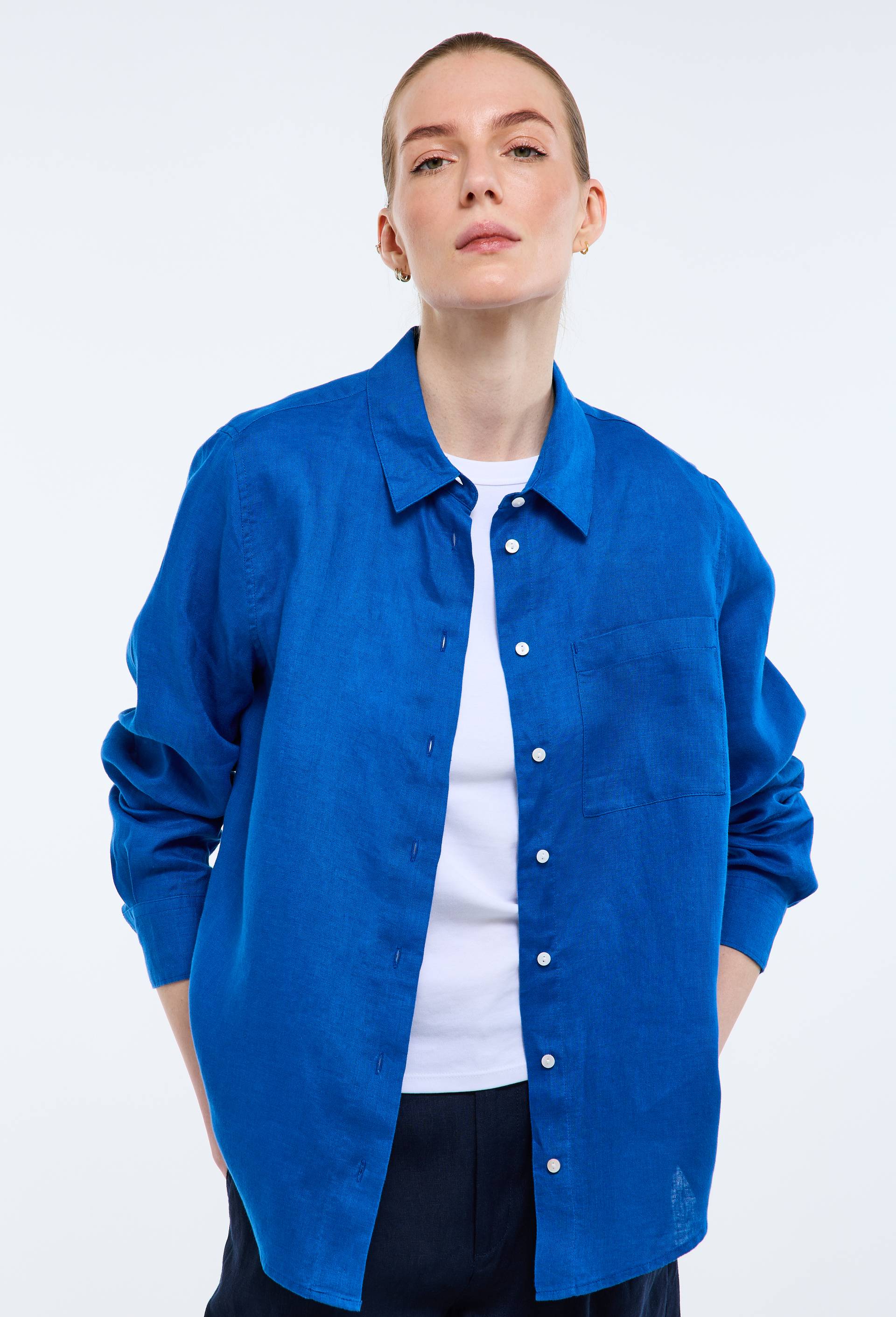 Chemise manches longues unie en lin, Bleu, large image number 0.0