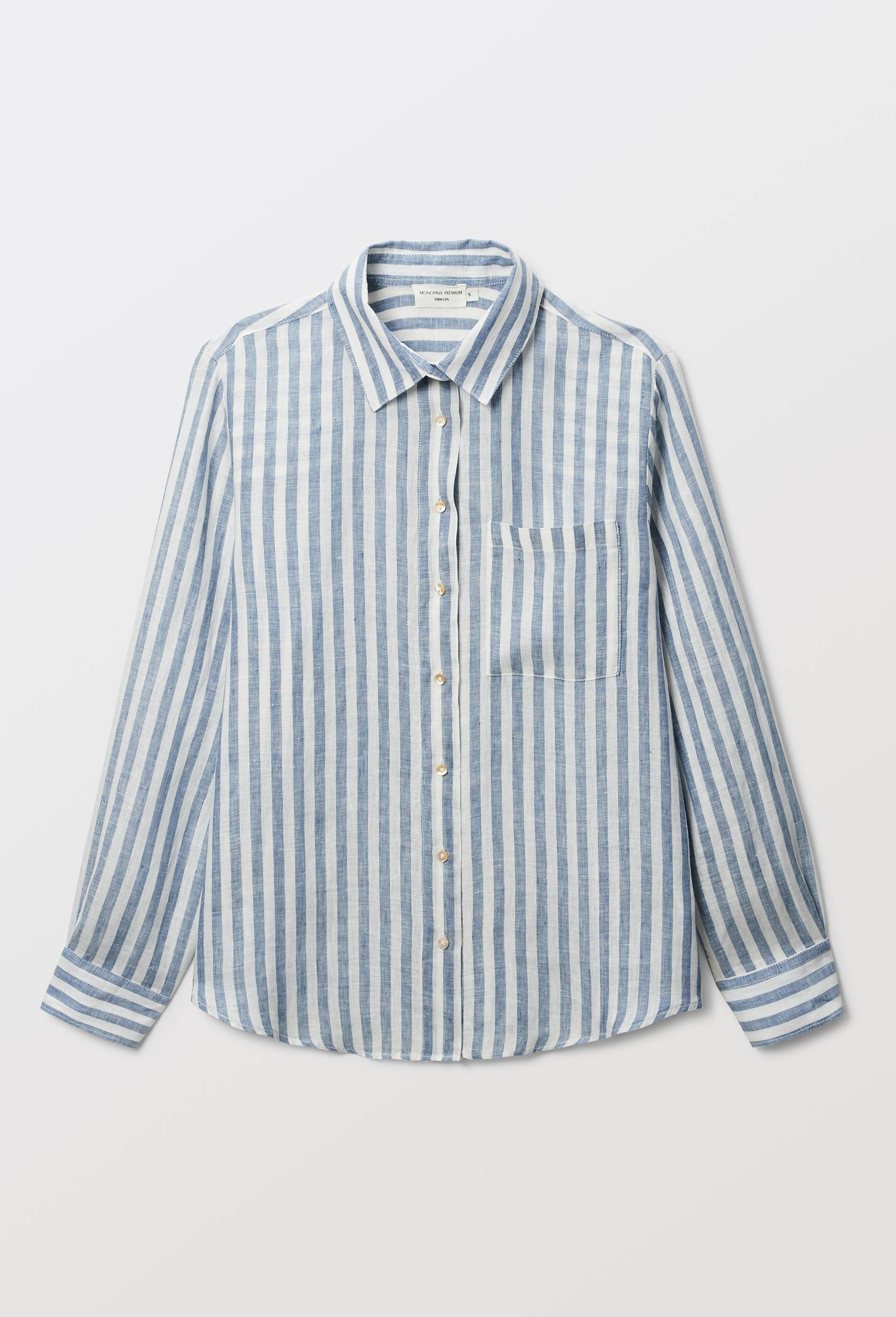 Chemise manches longues ray&eacute;e en lin, Bleu, large image number 2