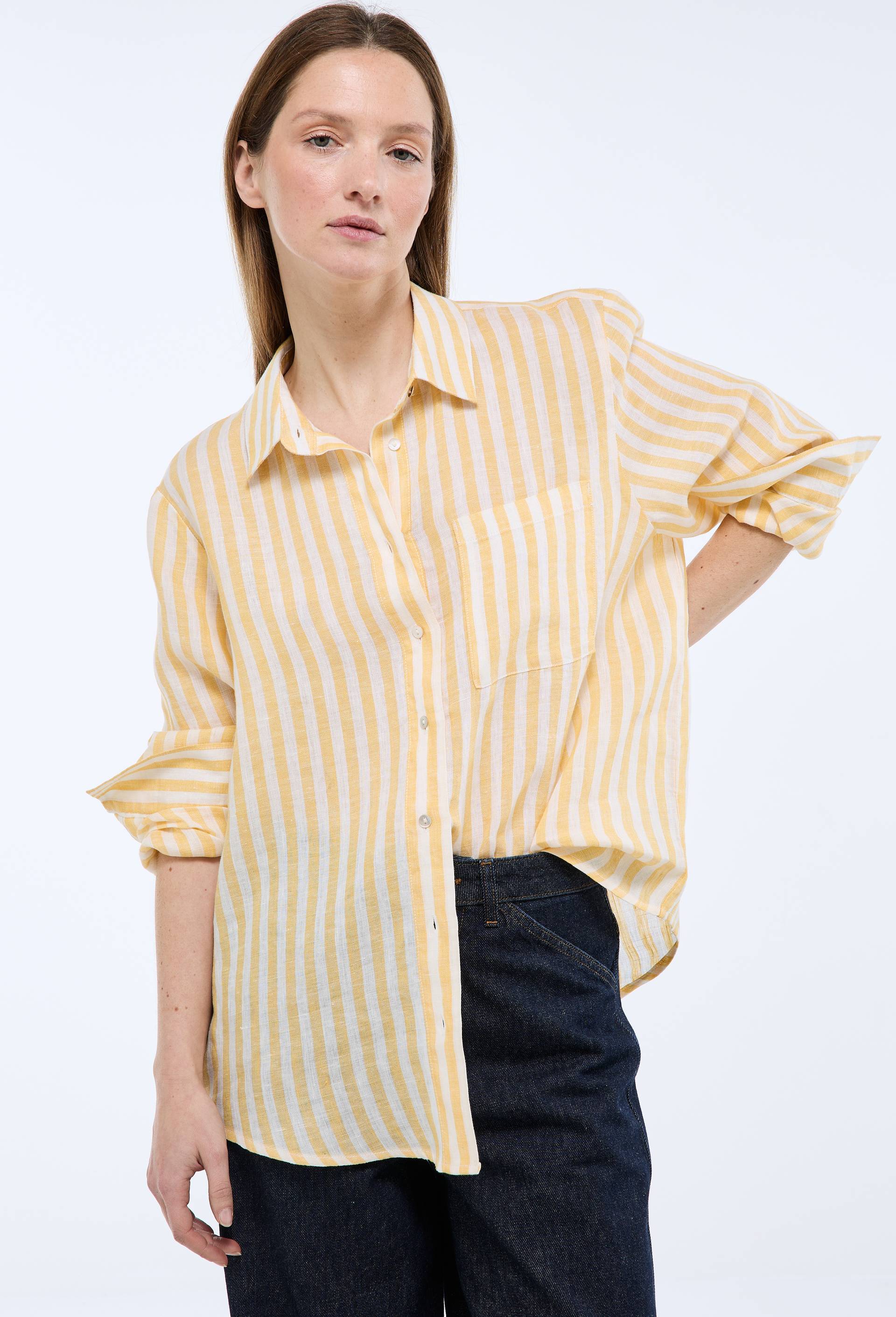 Chemise manches longues ray&eacute;e en lin, Jaune, large image number 0
