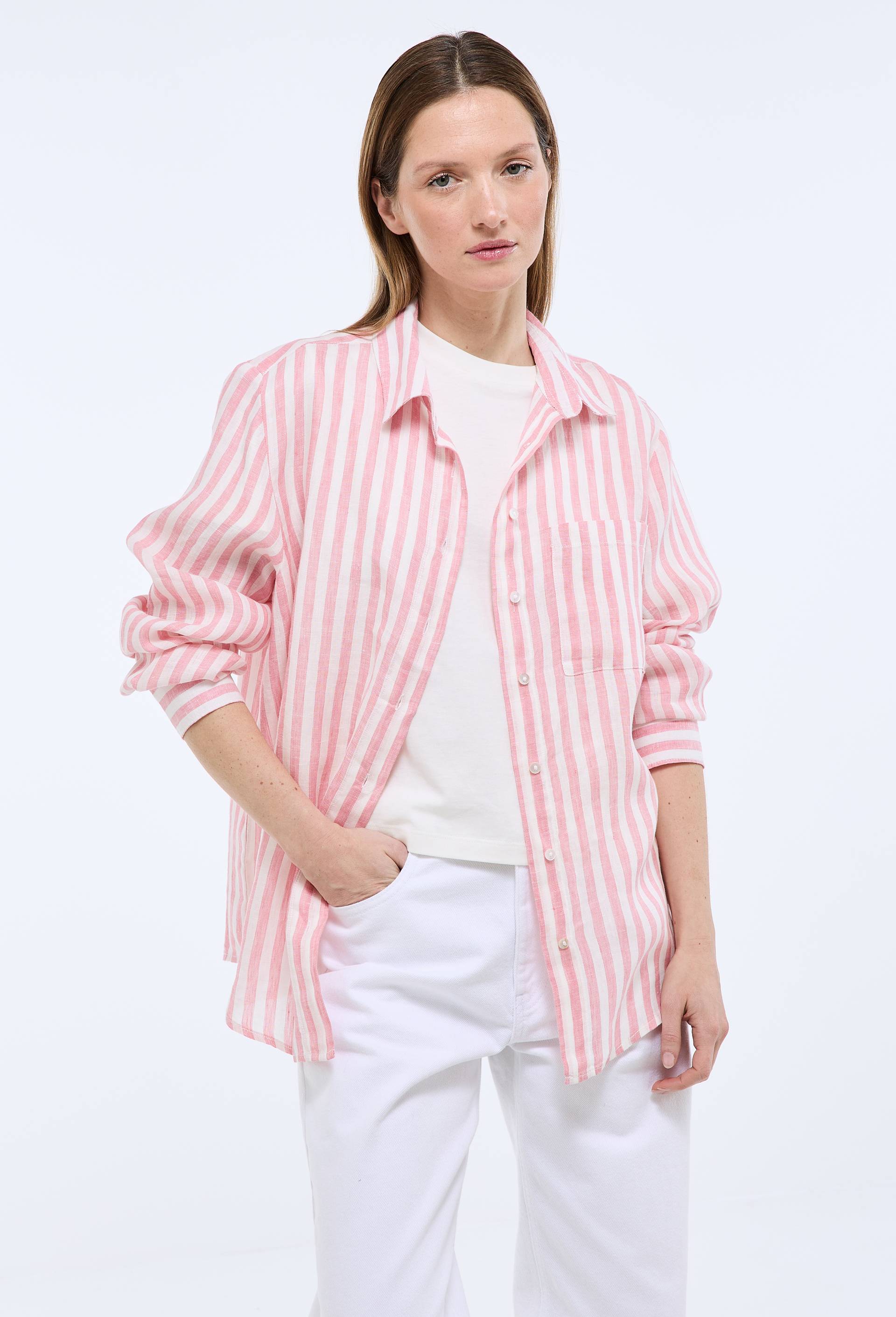 Chemise manches longues ray&eacute;e en lin, Rose, swatch image