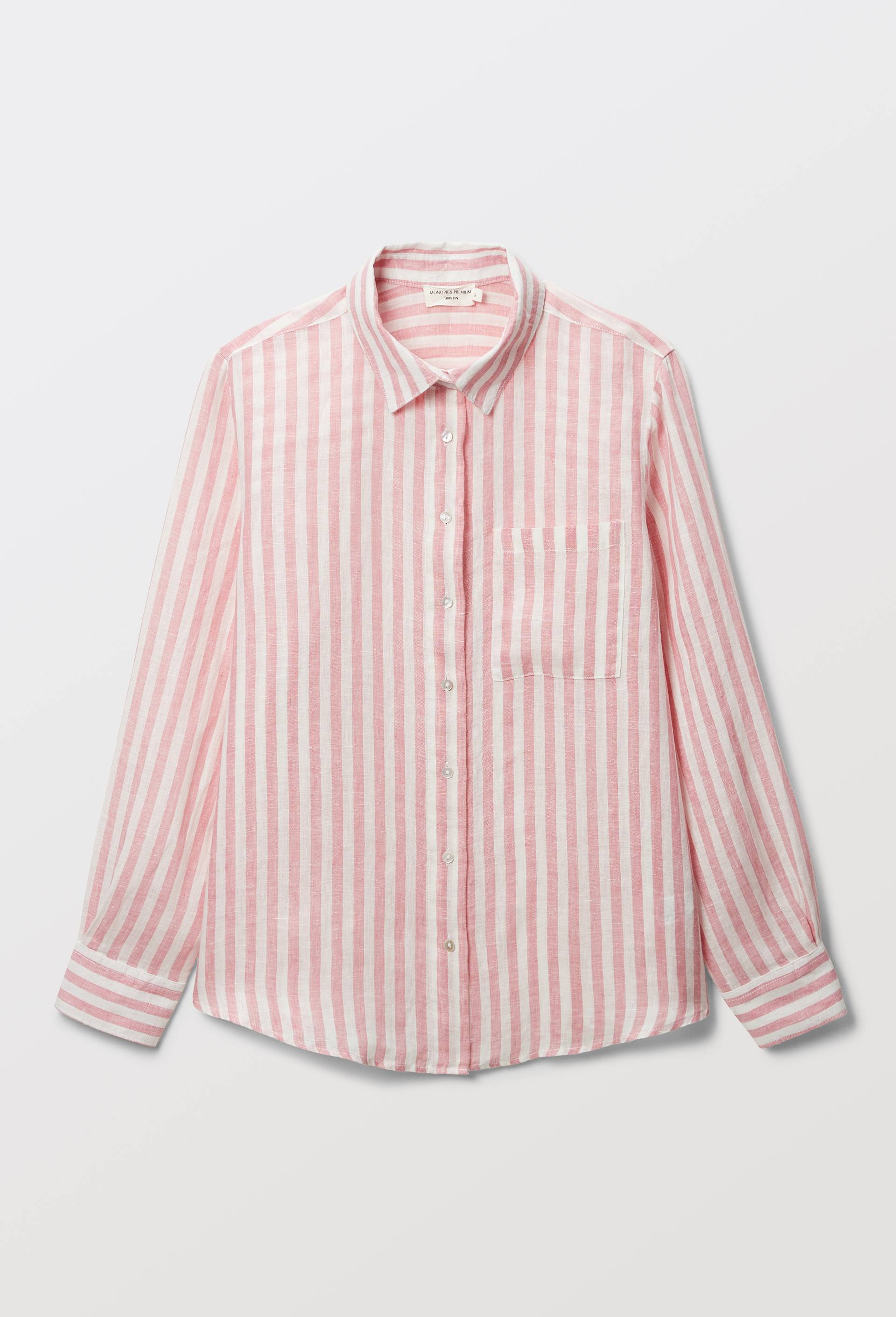 Chemise manches longues ray&eacute;e en lin, Rose, large image number 2.0