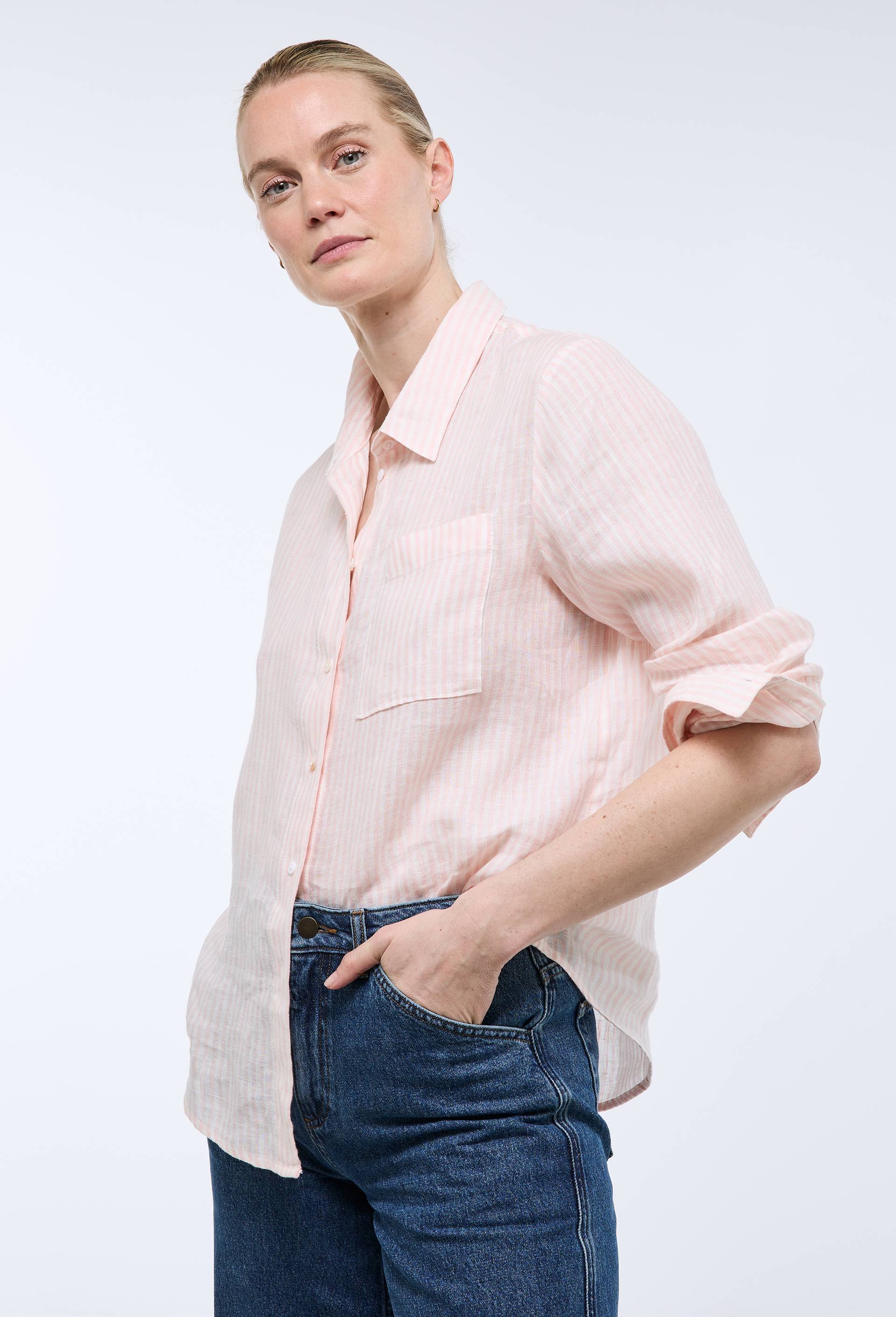 Chemise manches longues ray&eacute;e en lin, Rose clair, large image number 0