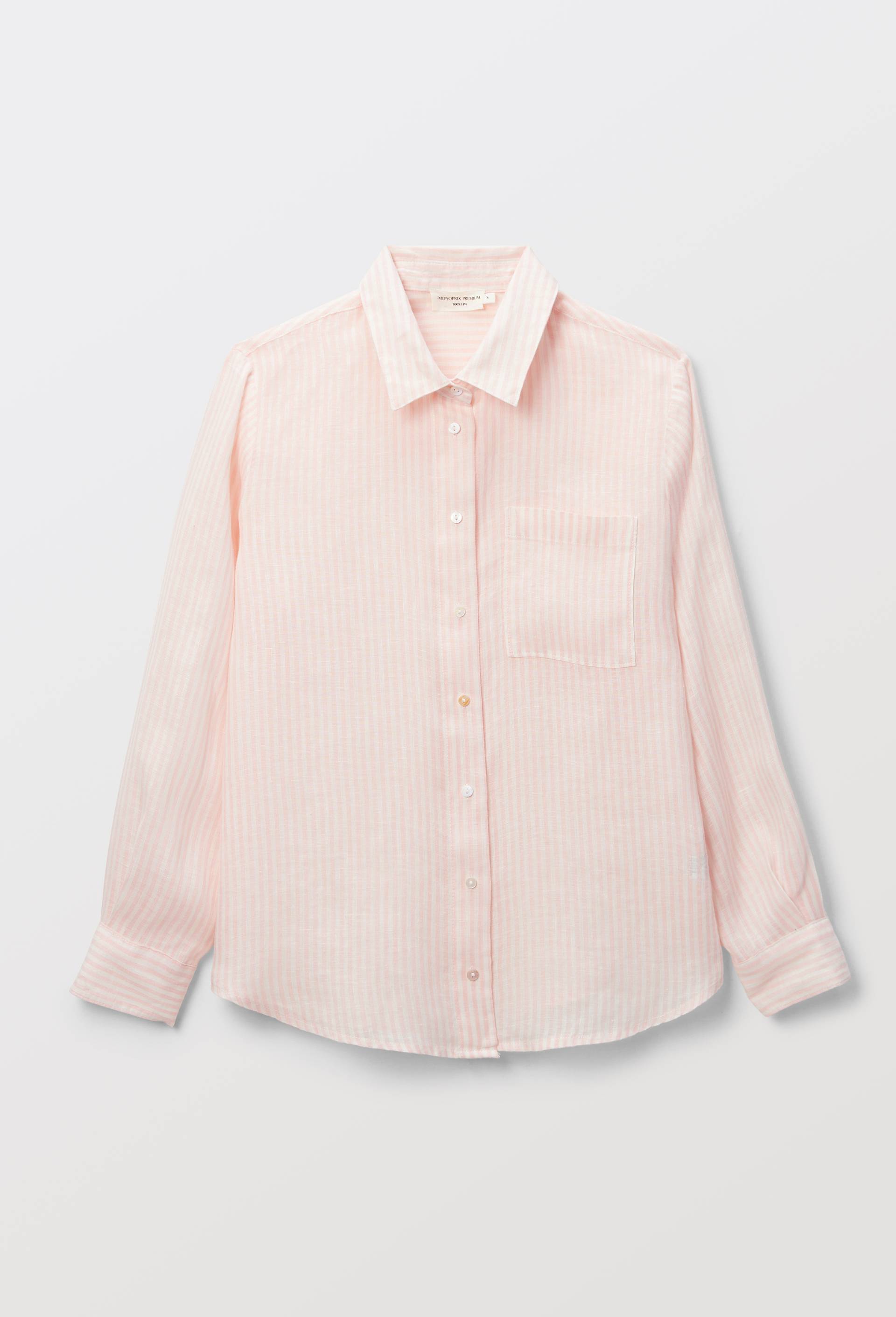 Chemise manches longues ray&eacute;e en lin, Rose clair, large image number 2.0