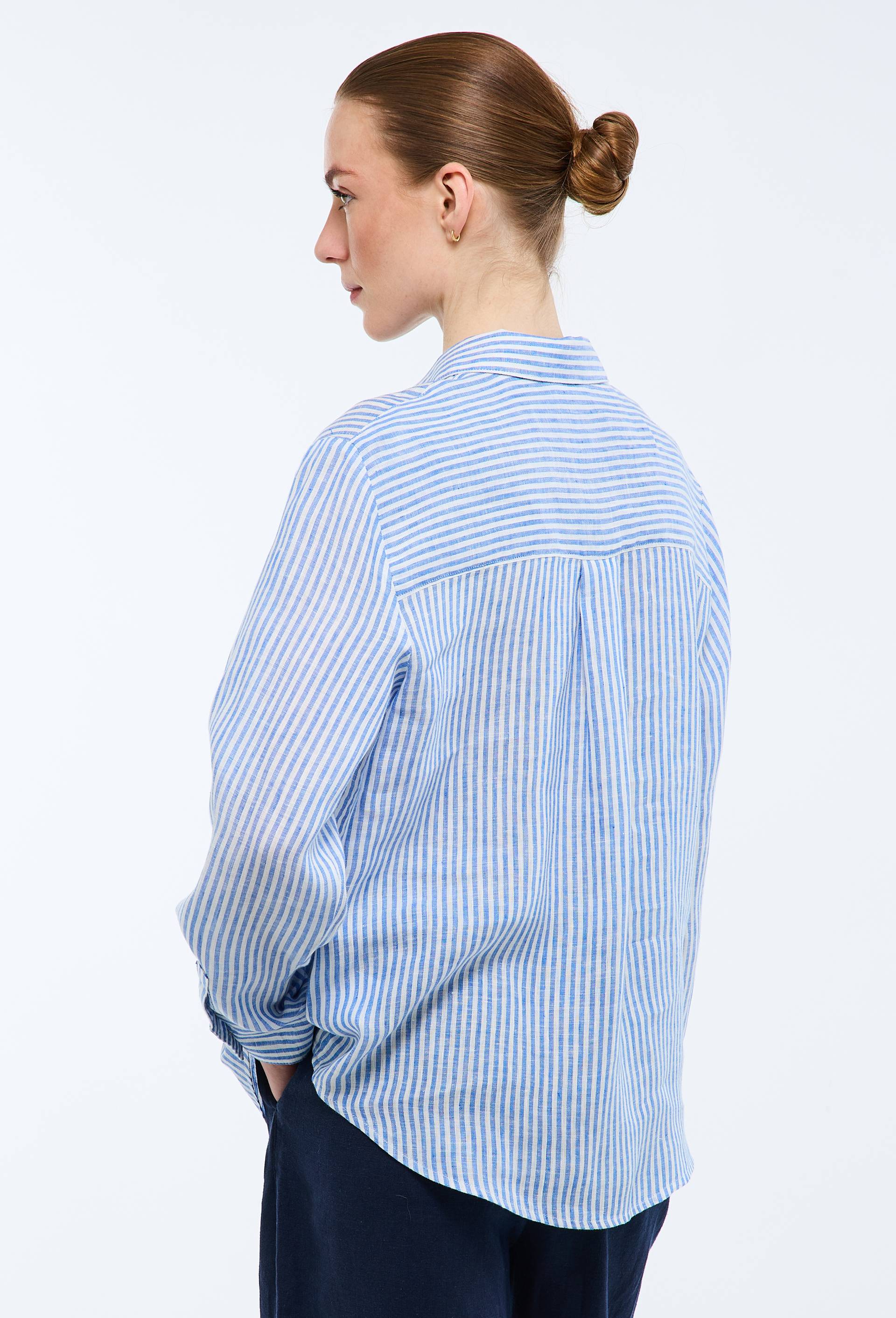 Chemise manches longues ray&eacute;e en lin, Bleu, large image number 1
