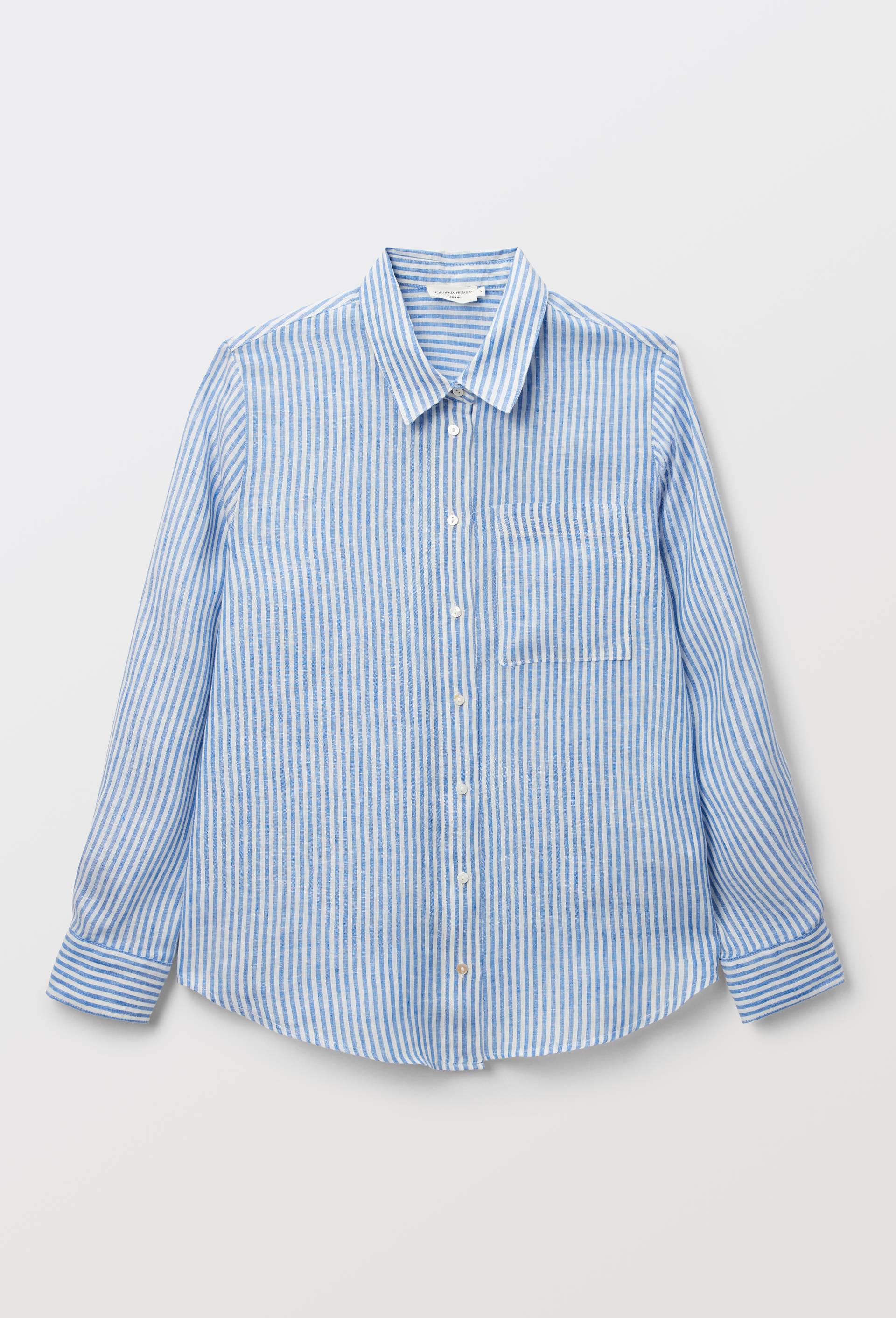 Chemise manches longues ray&eacute;e en lin, Bleu, large image number 2