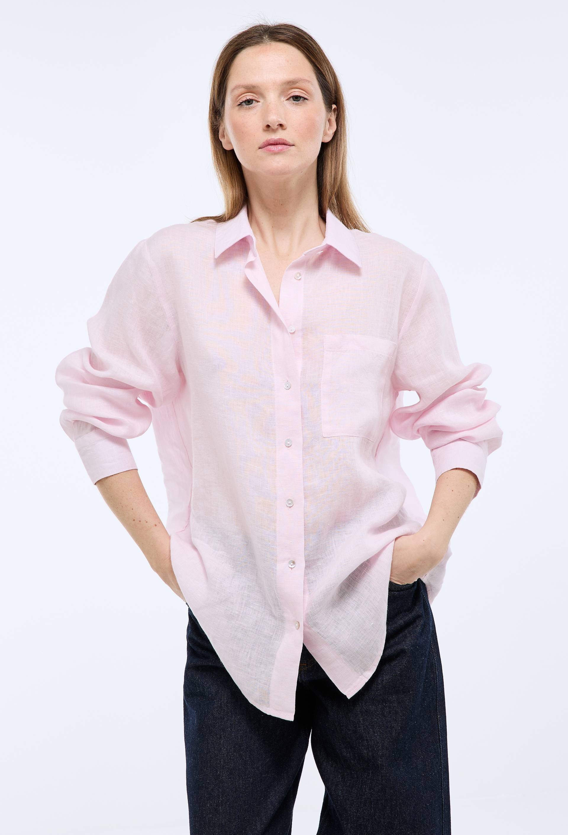 Chemise manches longues unie en lin, Rose clair, large image number 0