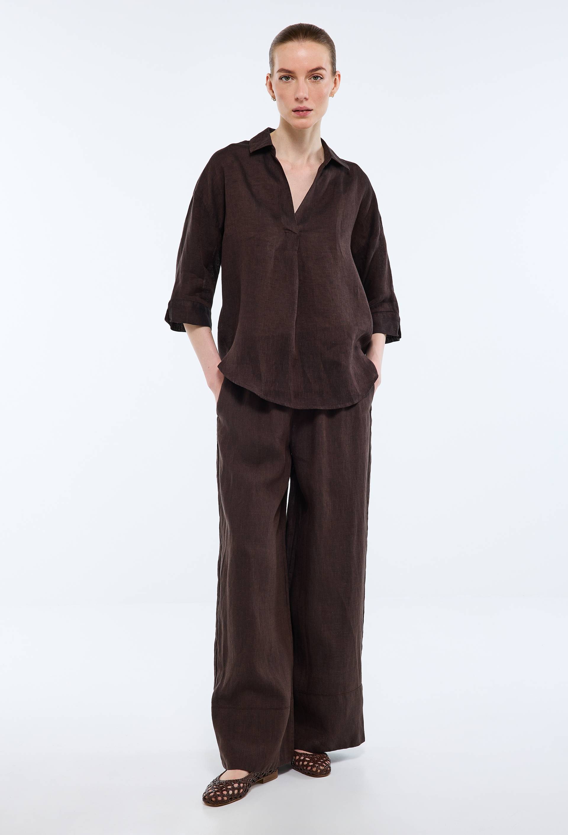 Blouse manches trois quarts unie en lin, Brun fonc&eacute;, large image number 1