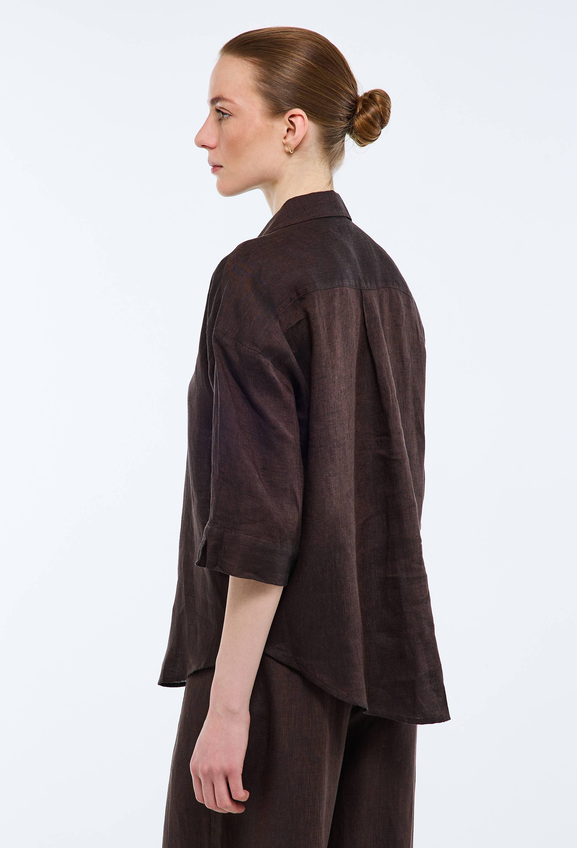 Blouse manches trois quarts unie en lin, Brun fonc&eacute;, large image number 2