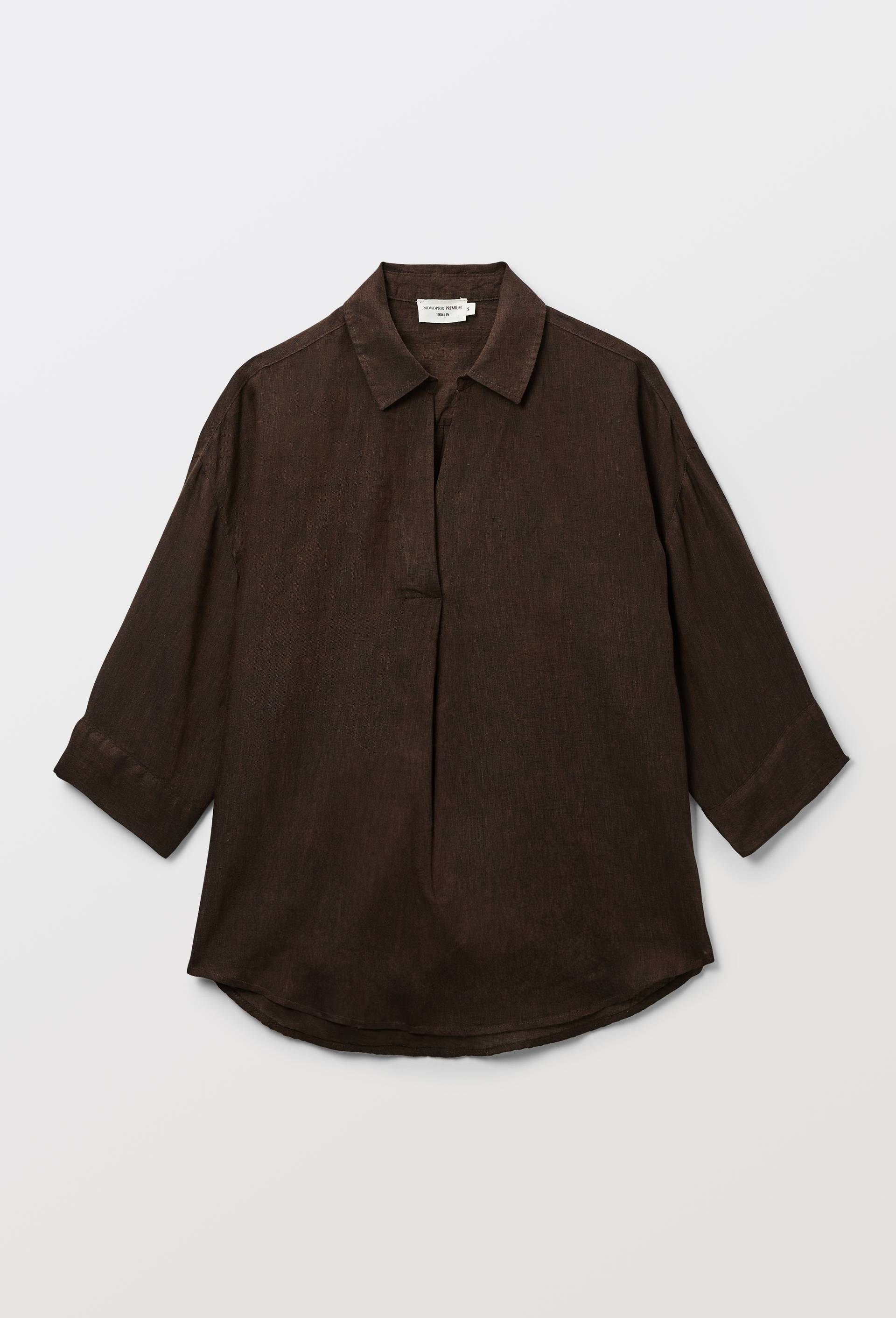 Blouse manches trois quarts unie en lin, Brun fonc&eacute;, large image number 3