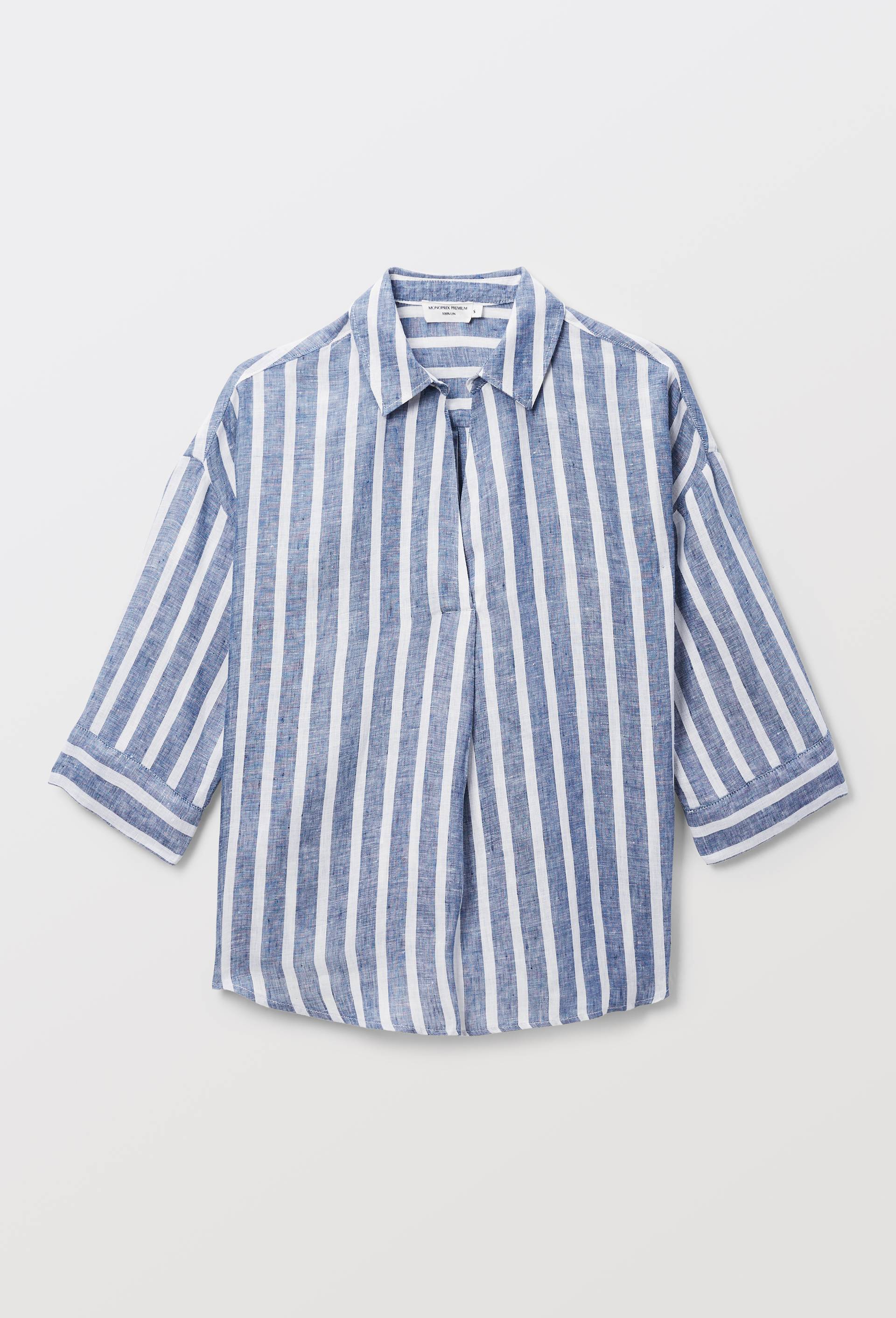 Blouse manches trois quarts ray&eacute;e en lin, Bleu fonc&eacute;, large image number 2.0