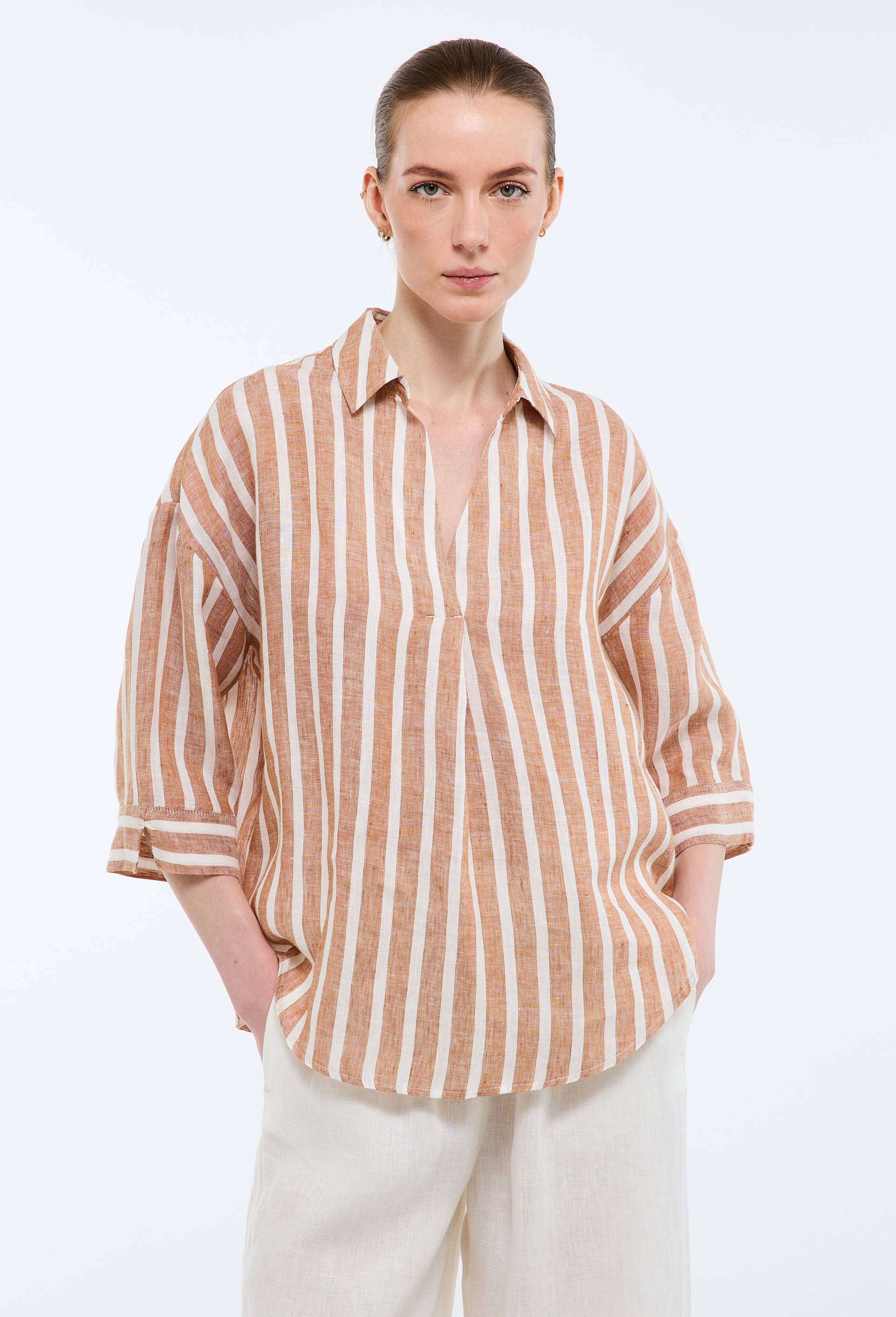 Blouse manches trois quarts ray&eacute;e en lin, Brun clair, large image number 0.0