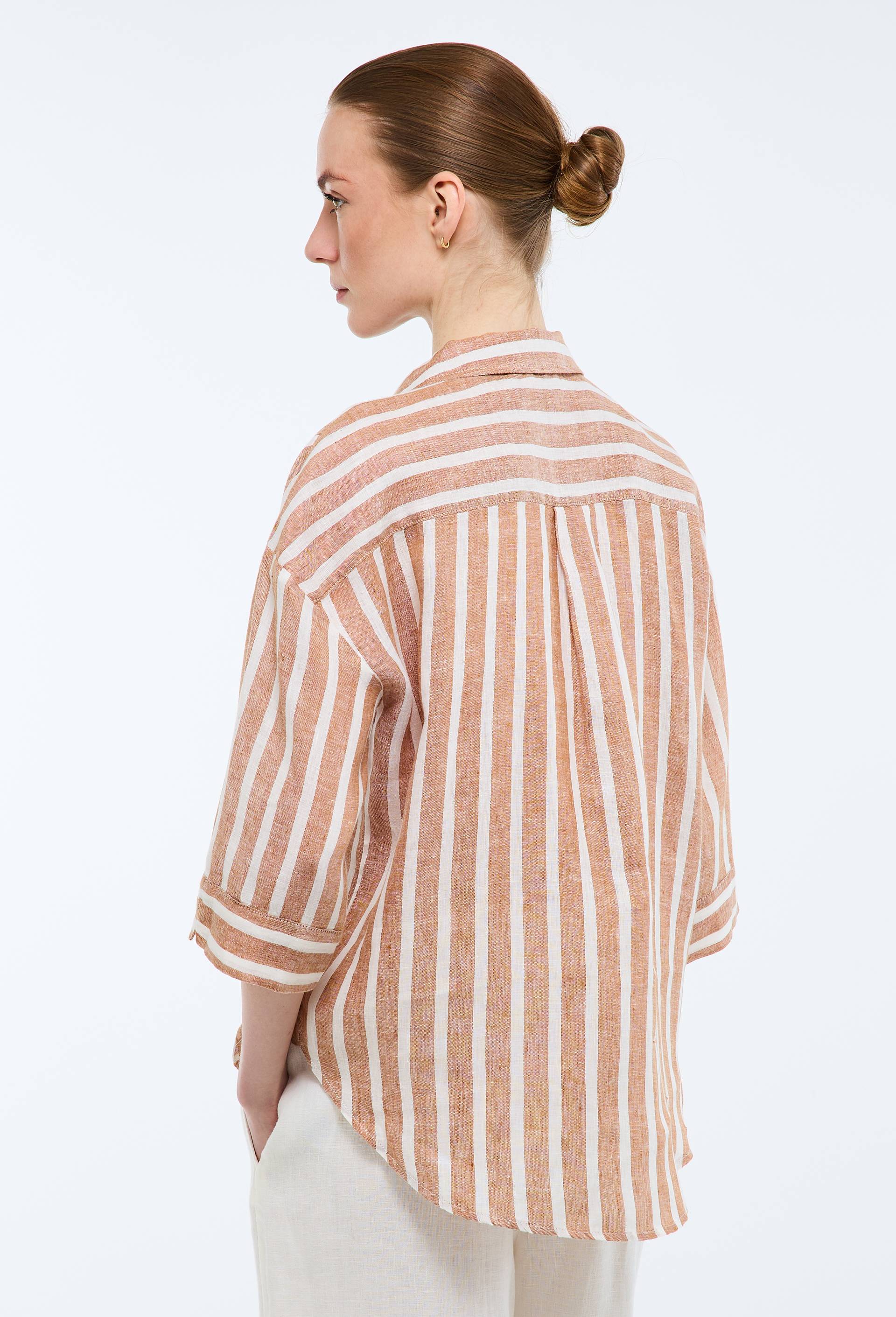 Blouse manches trois quarts ray&eacute;e en lin, Brun clair, large image number 1