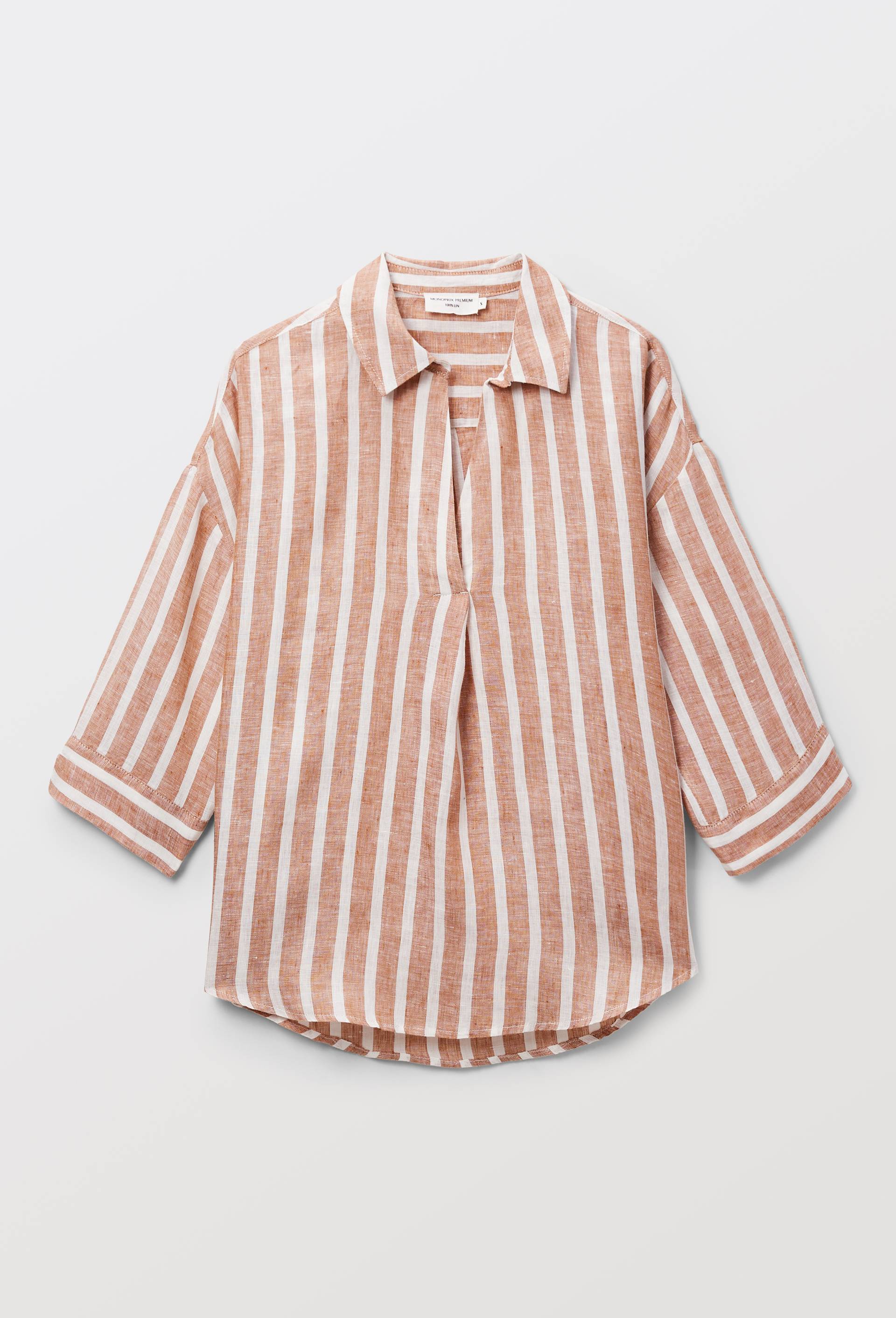 Blouse manches trois quarts ray&eacute;e en lin, Brun clair, large image number 2