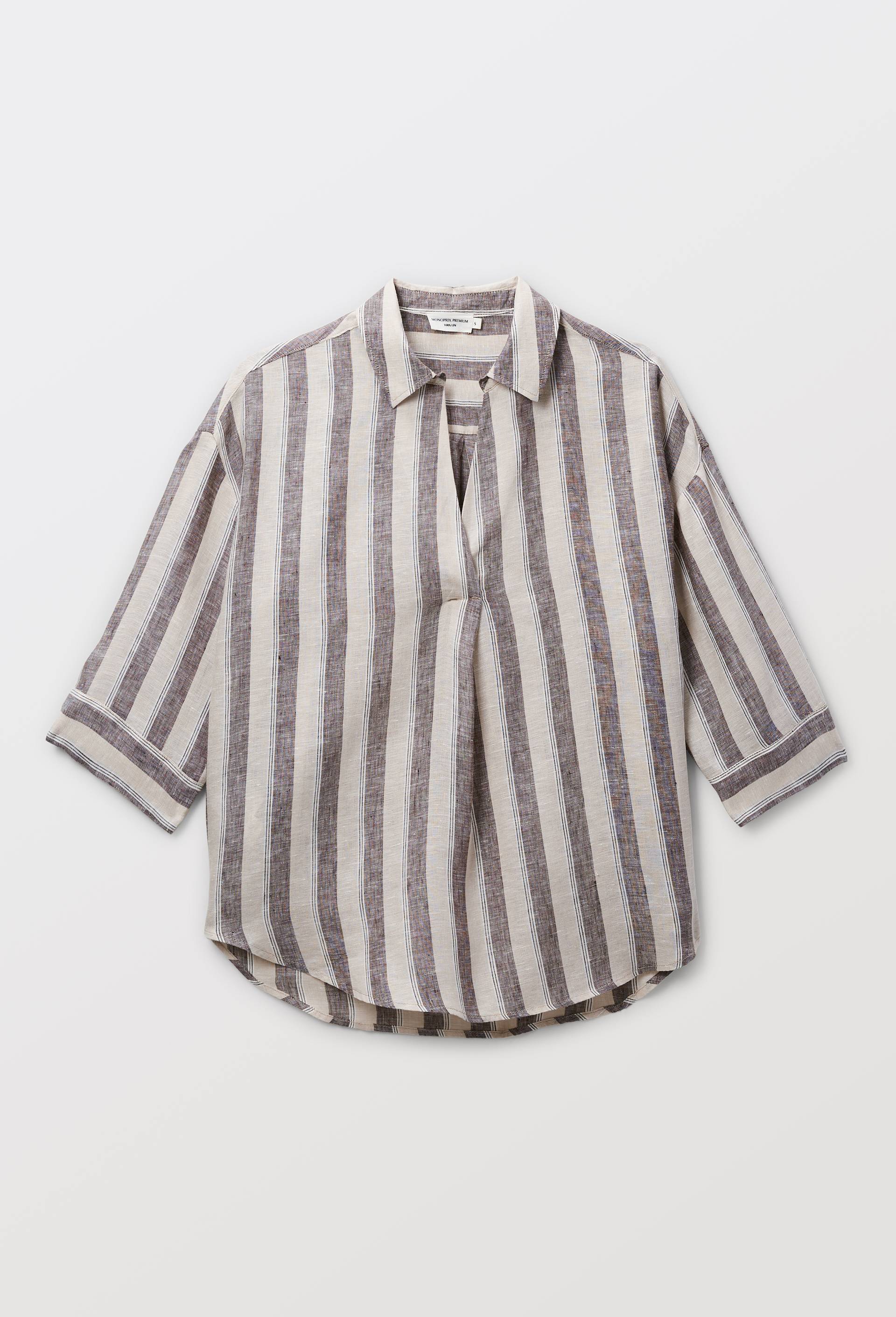 Blouse manches trois quarts ray&eacute;e en lin, Brun fonc&eacute;, large image number 2.0