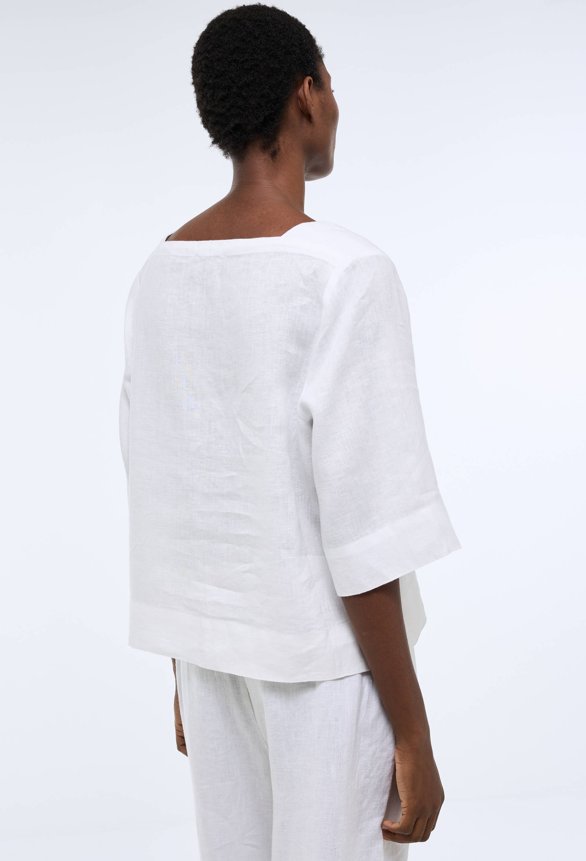 Top manches trois quarts uni en lin, Blanc, large image number 1