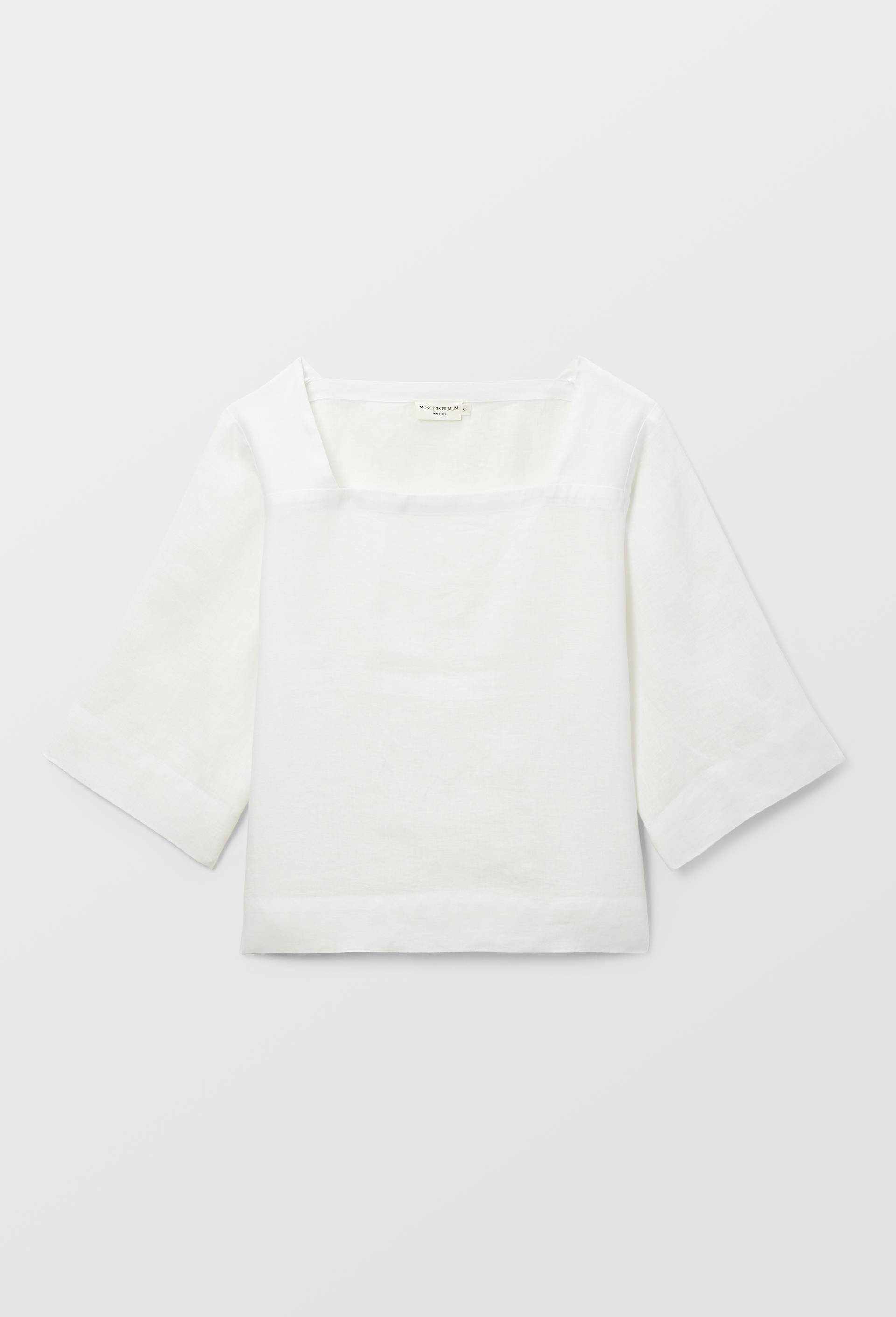 Top manches trois quarts uni en lin, Blanc, large image number 2.0