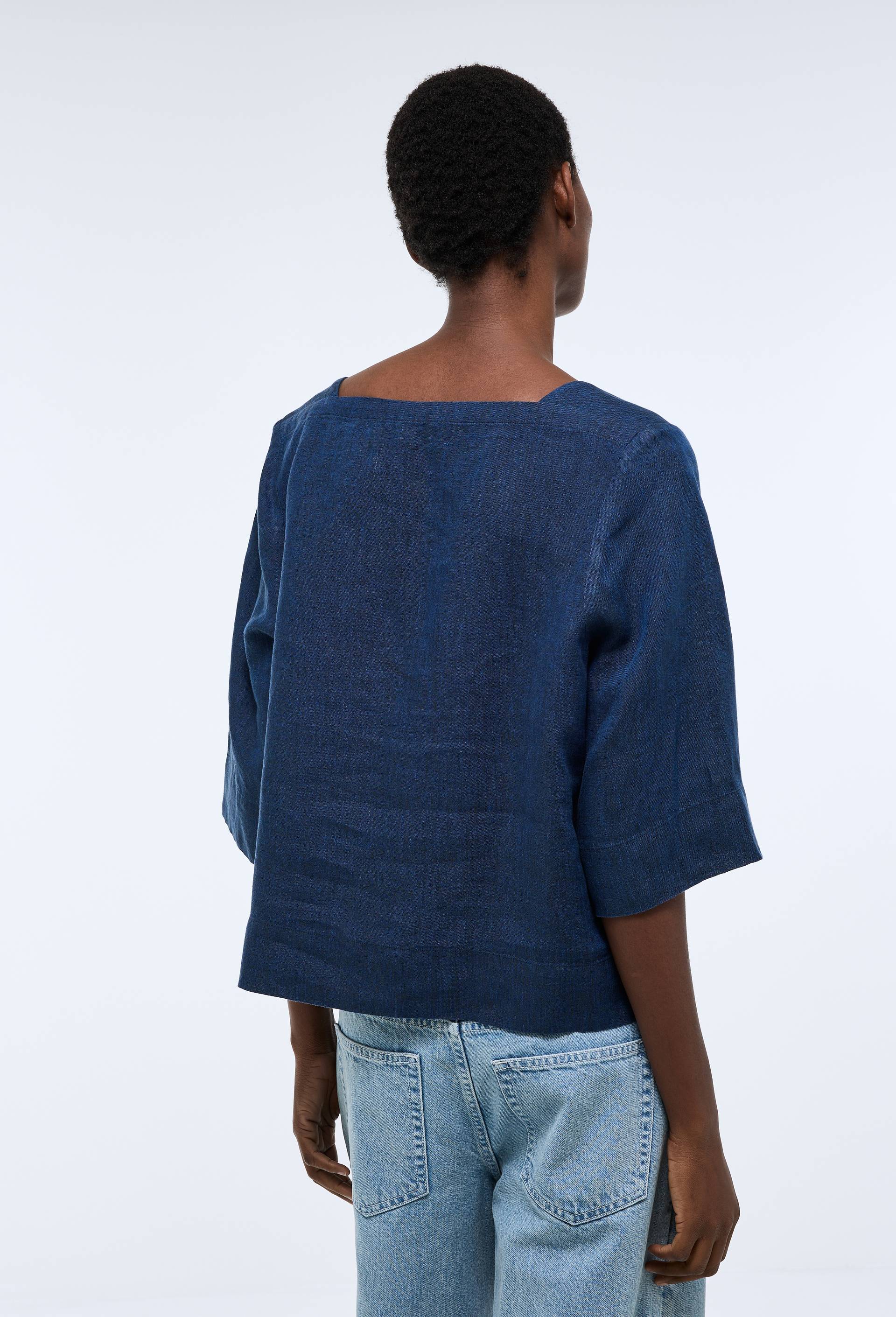 Top manches trois quarts uni en lin, Bleu fonc&eacute;, large image number 1.0
