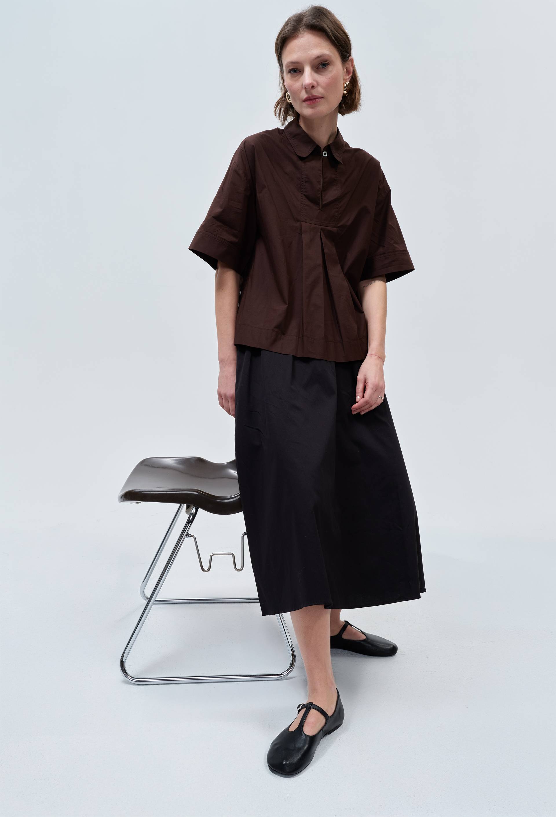 Blouse manches courtes unie en coton BIO GOTS, Brun fonc&eacute;, swatch image