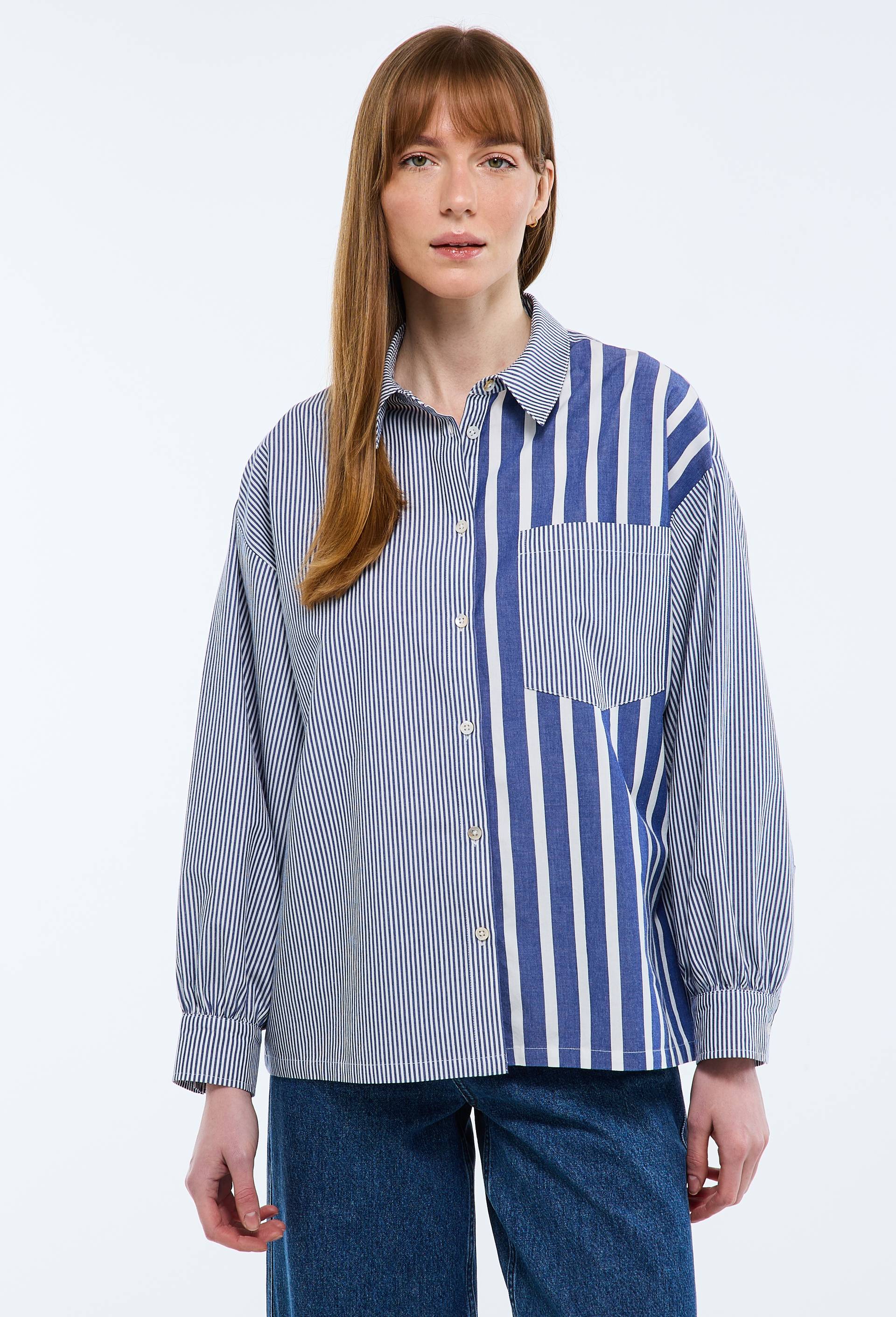Chemise manches longues ray&eacute;e en coton BIO GOTS, Bleu, large image number 1.0