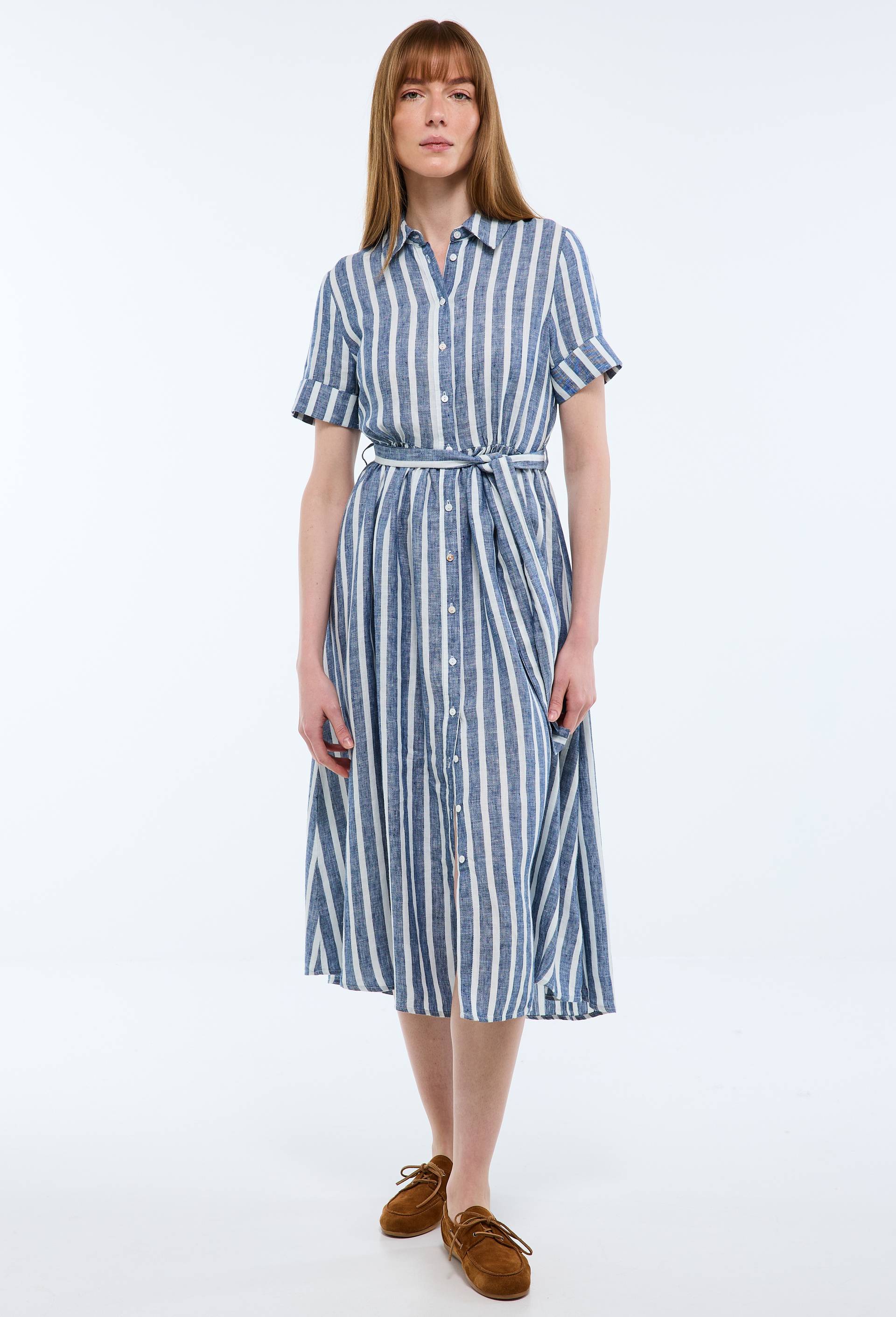 Robe chemise midi ray&eacute;e en lin, Bleu fonc&eacute;, large image number 0