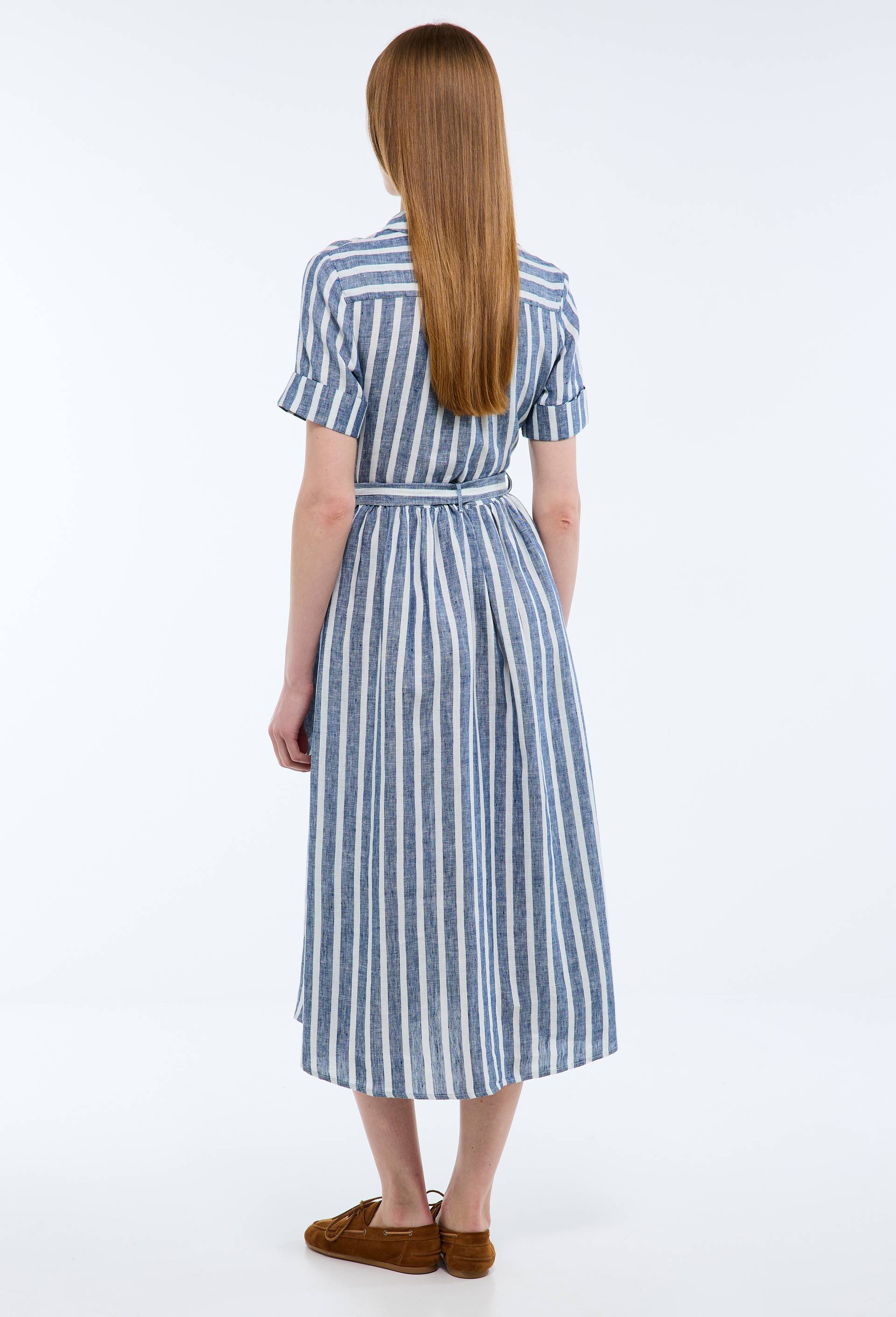Robe chemise midi ray&eacute;e en lin, Bleu fonc&eacute;, large image number 1