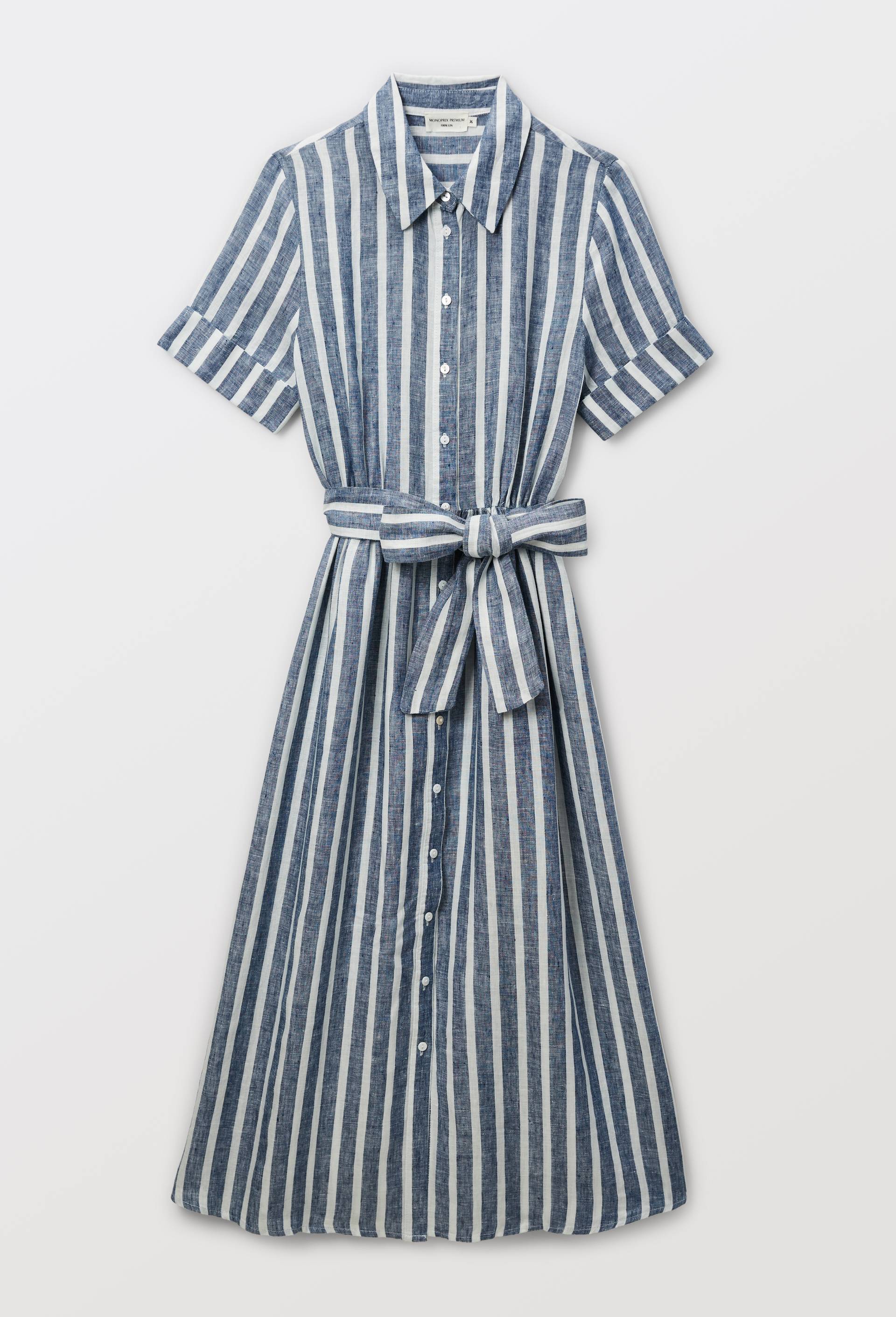 Robe chemise midi ray&eacute;e en lin, Bleu fonc&eacute;, large image number 2.0