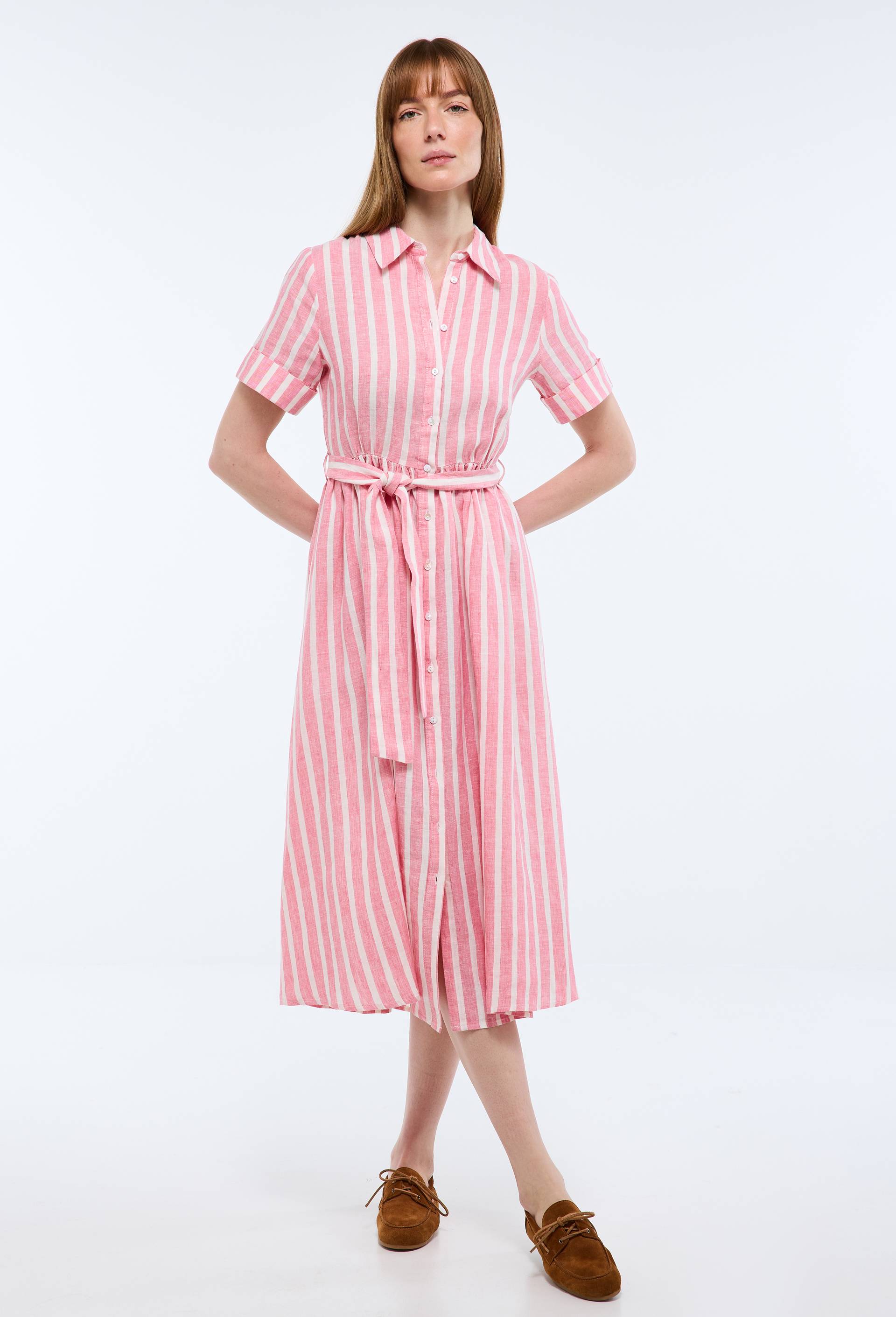 Robe chemise midi ray&eacute;e en lin, Rose, large image number 0