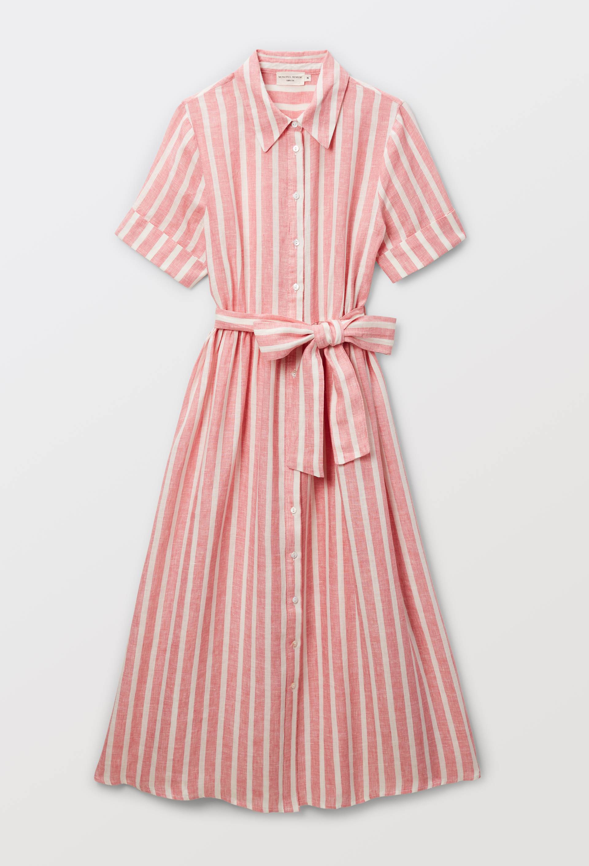 Robe chemise midi ray&eacute;e en lin, Rose, large image number 2.0