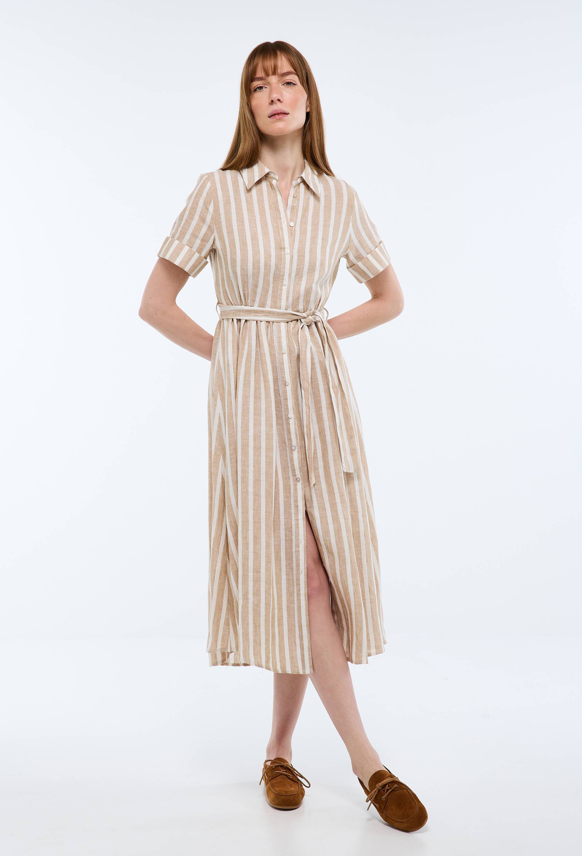 Robe chemise midi ray&eacute;e en lin, Beige, large image number 0