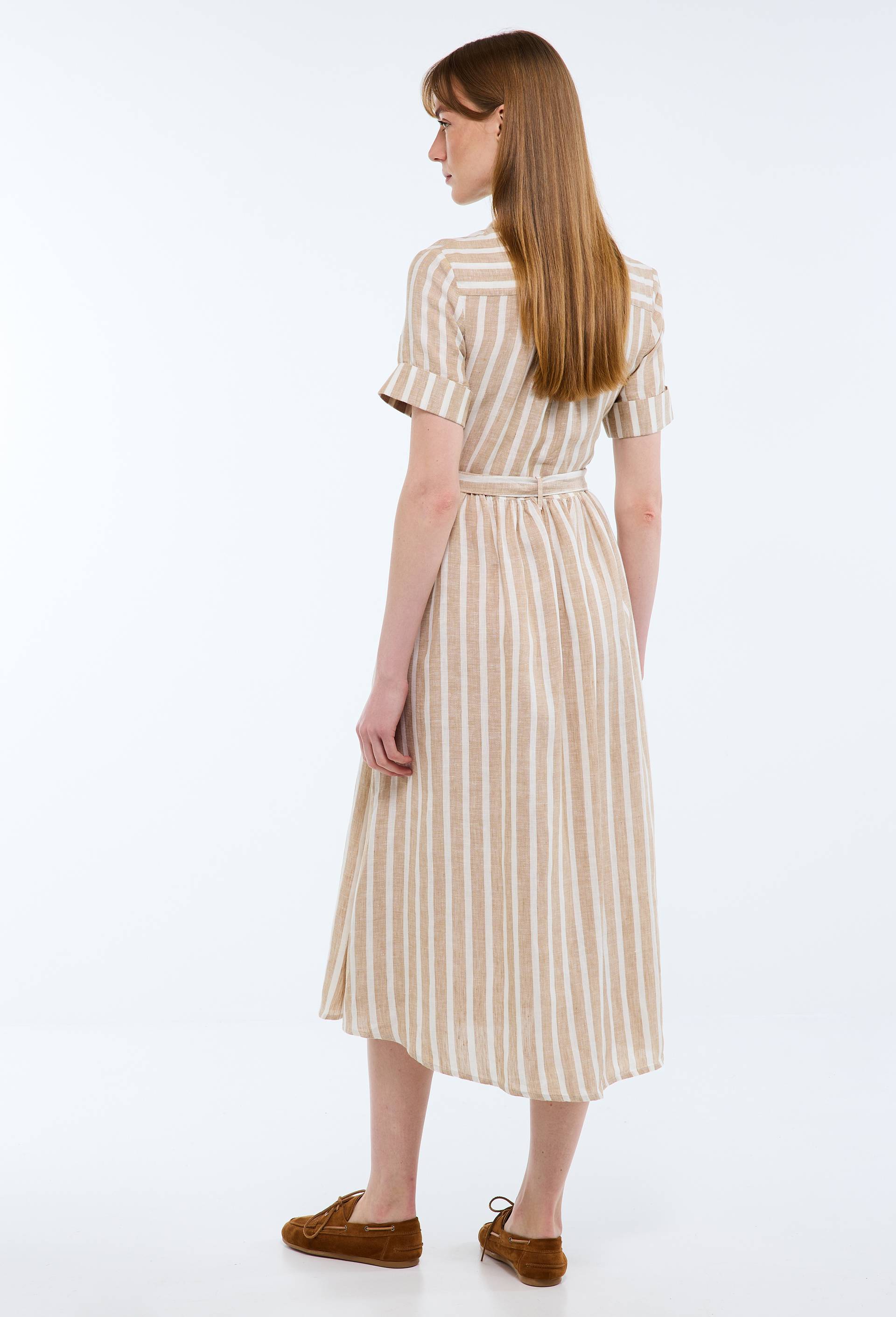 Robe chemise midi ray&eacute;e en lin, Beige, large image number 1