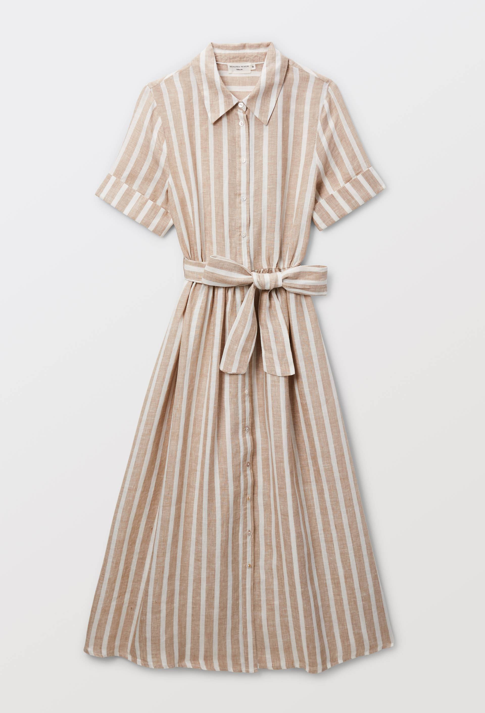 Robe chemise midi ray&eacute;e en lin, Beige, large image number 2