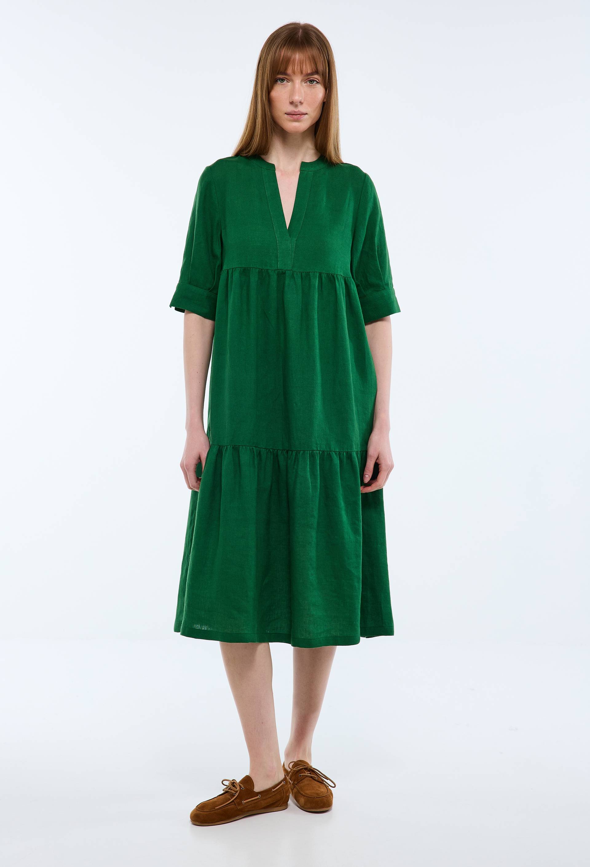 Robe midi ample unie en lin, Vert fonc&eacute;, large image number 0