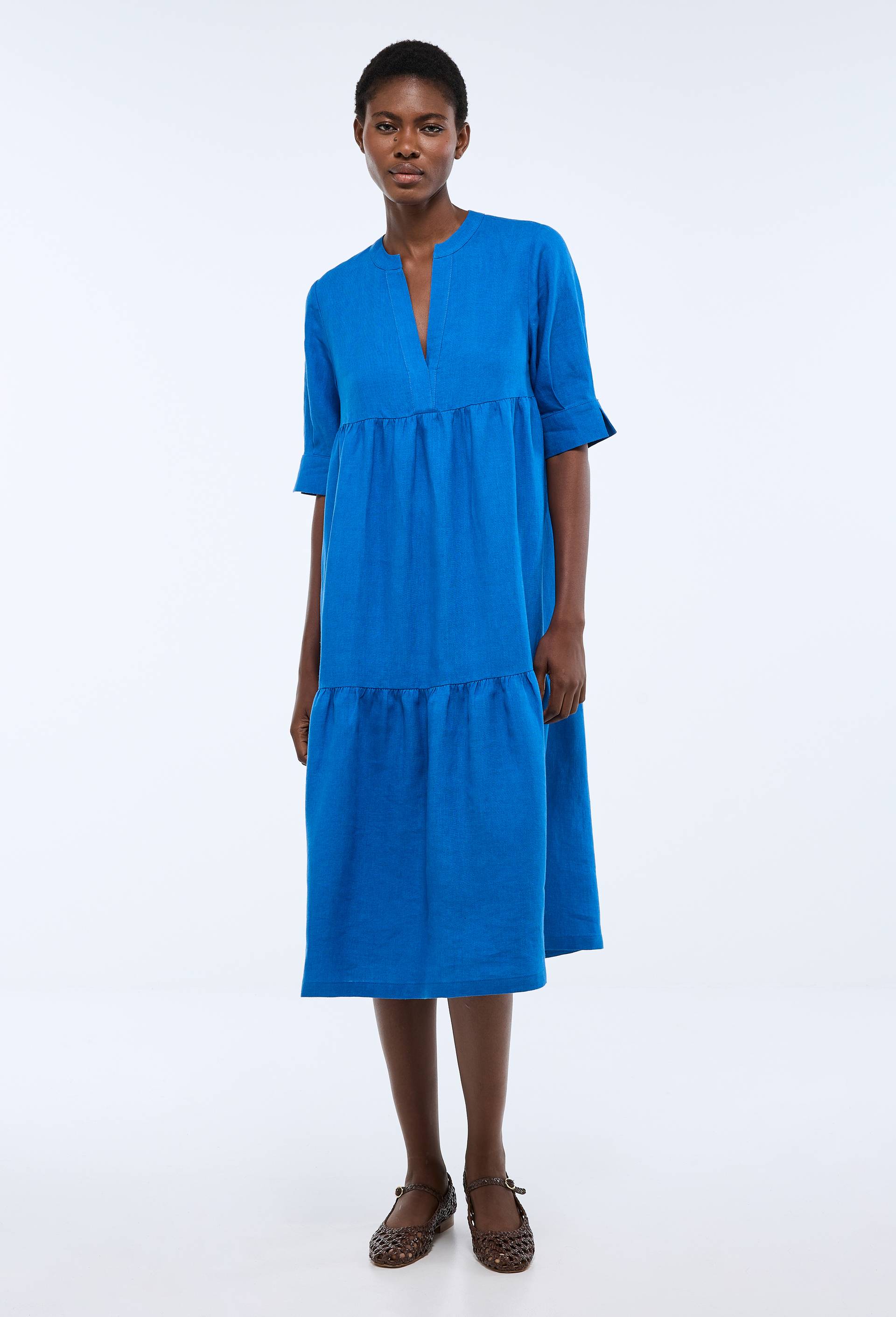 Robe midi ample unie en lin, Bleu, large image number 0.0