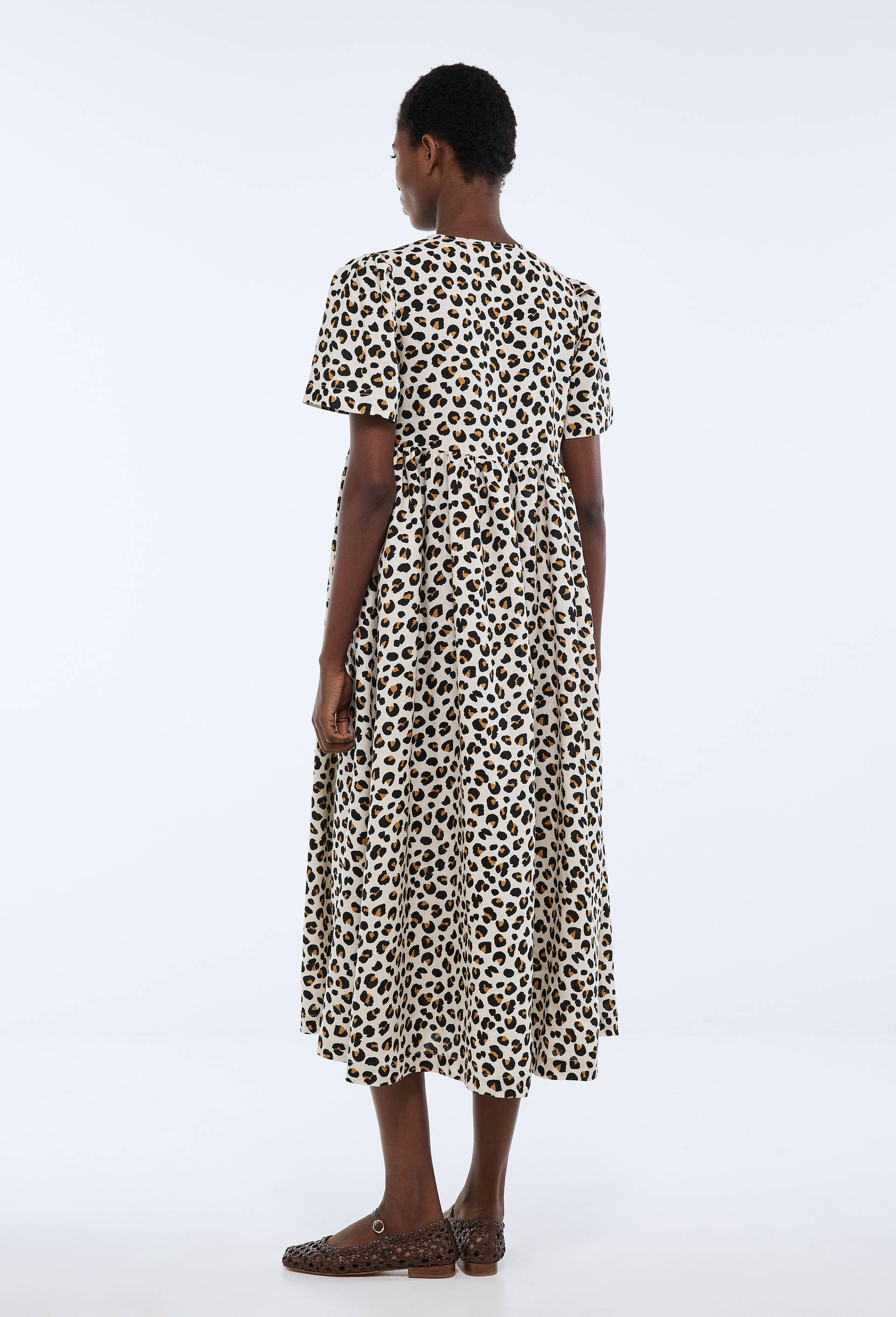 Robe midi ample imprim&eacute;e l&eacute;opard en lin, Beige clair, large image number 1