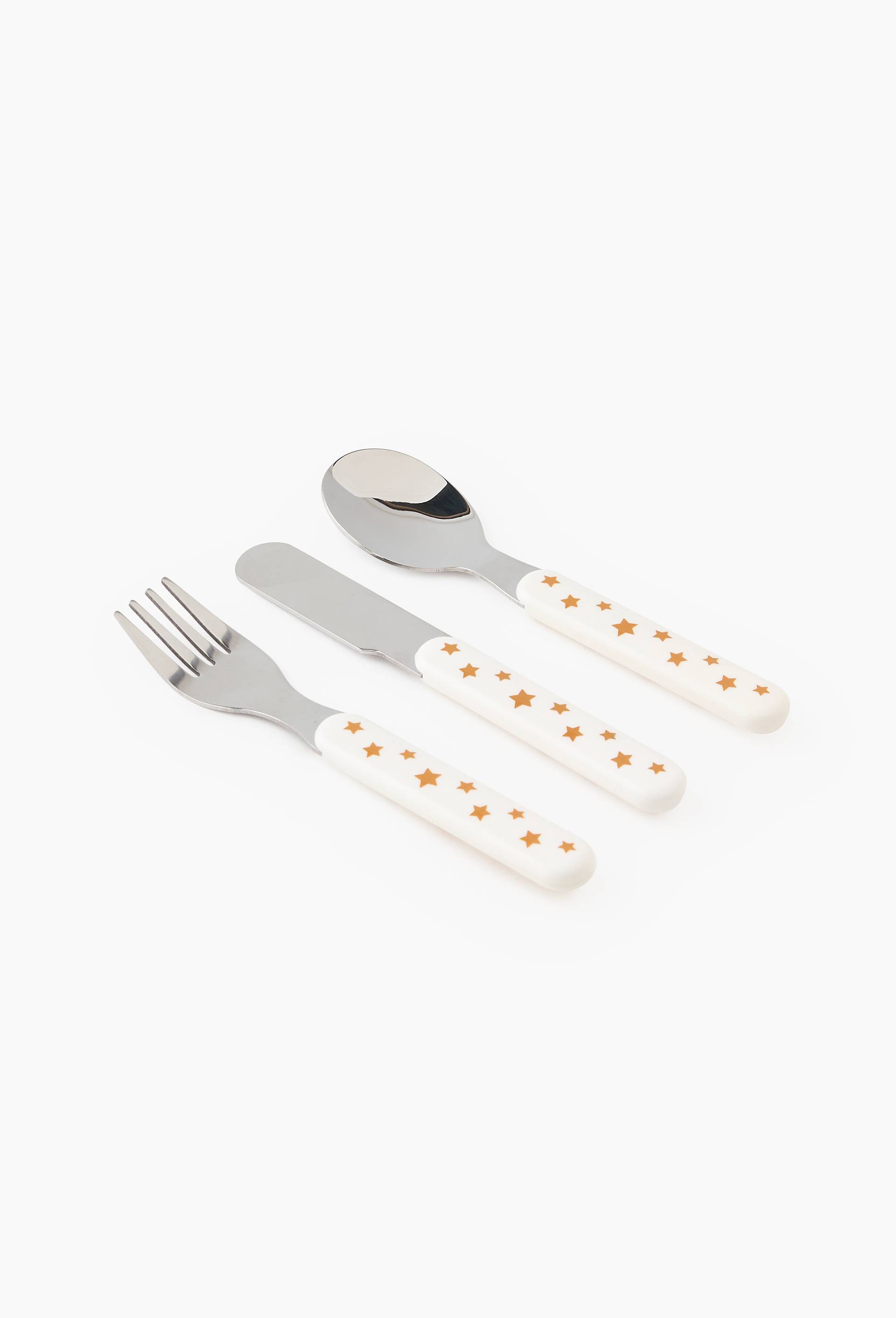 Set de 3 couverts imprim&eacute; &eacute;toiles pour enfant, manche plastique, Ecru, large image number 0