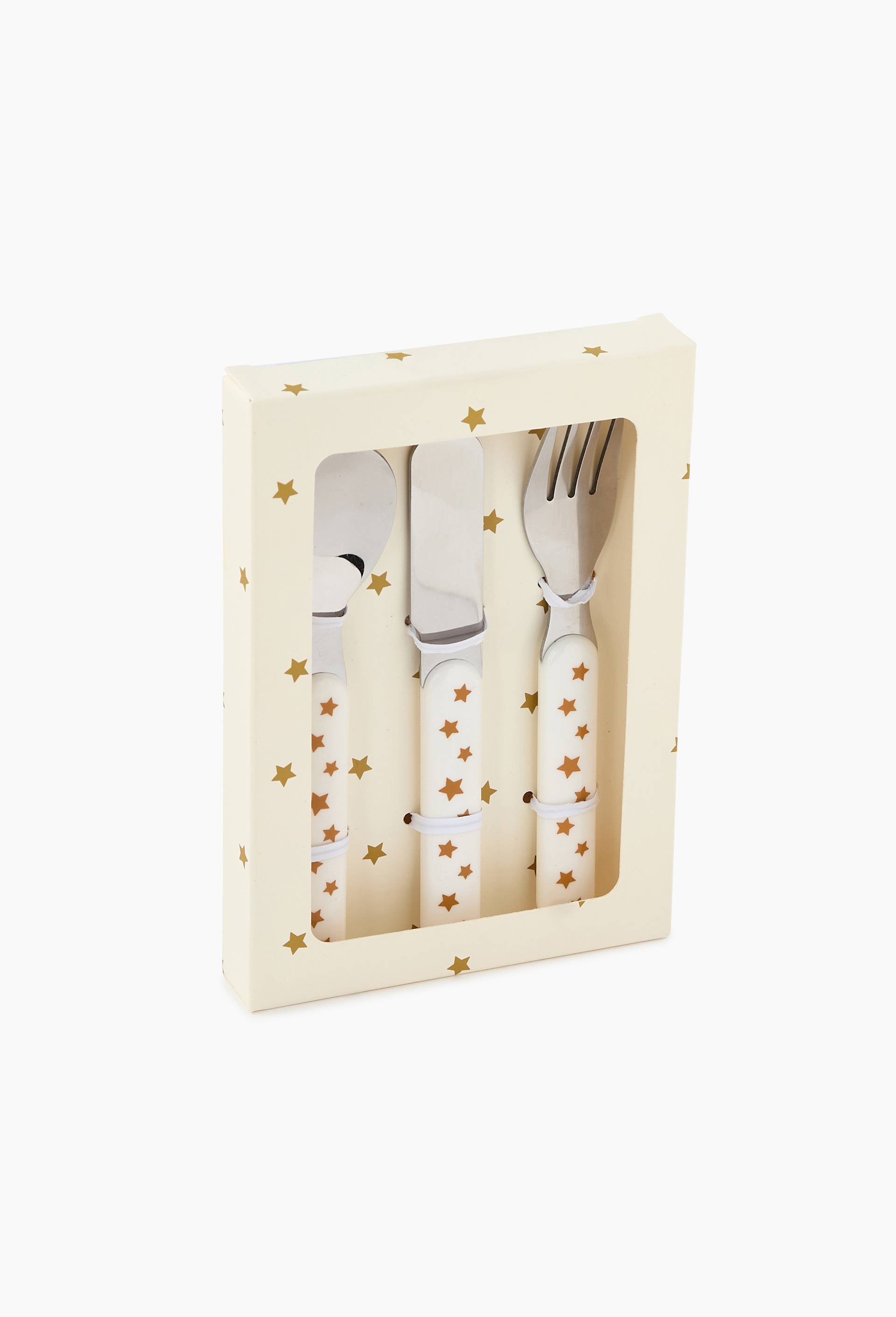 Set de 3 couverts imprim&eacute; &eacute;toiles pour enfant, manche plastique, Ecru, large image number 1