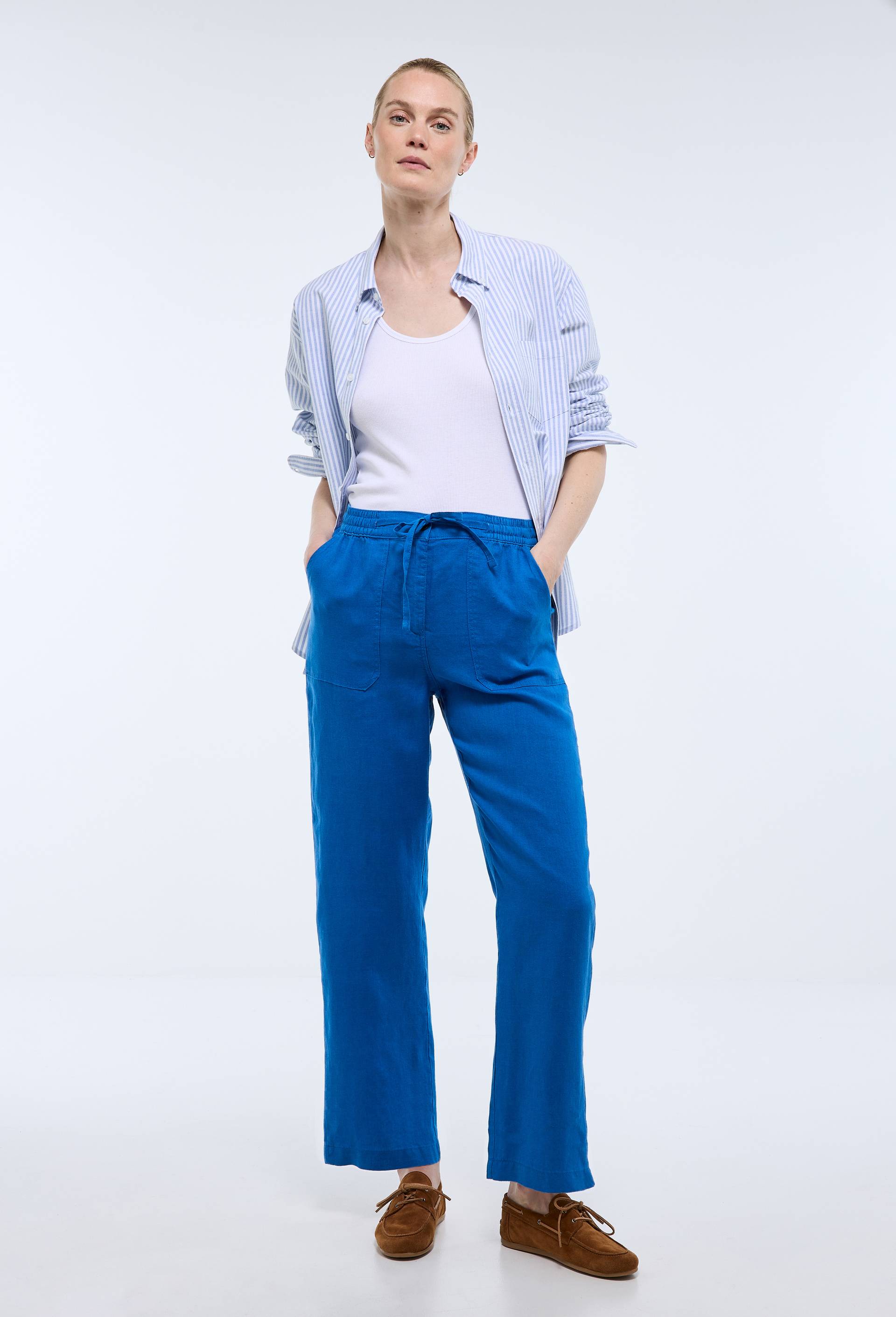 Pantalon taille semi-&eacute;lastiqu&eacute;e uni en lin, Bleu, large image number 0