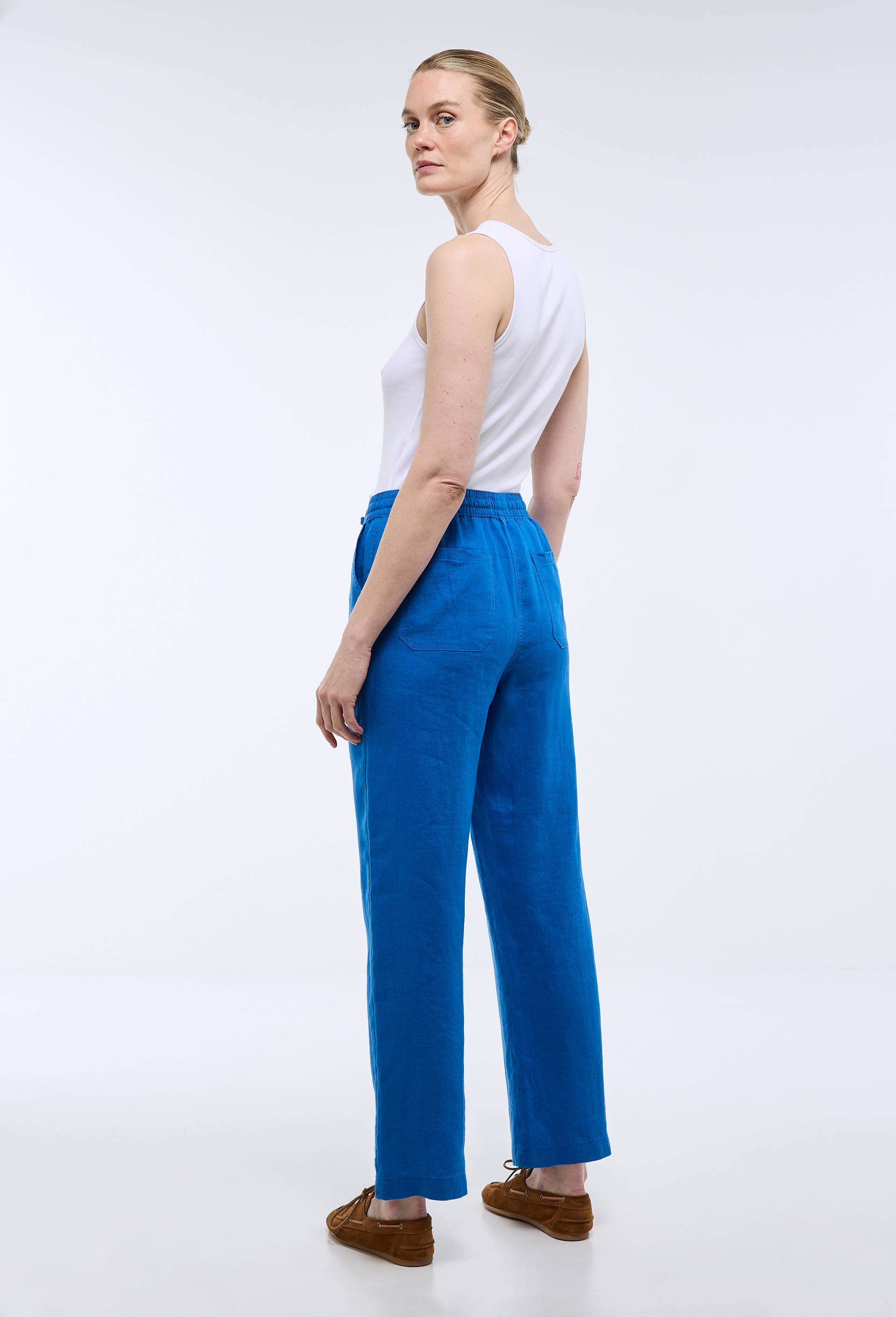 Pantalon taille semi-&eacute;lastiqu&eacute;e uni en lin, Bleu, large image number 1.0