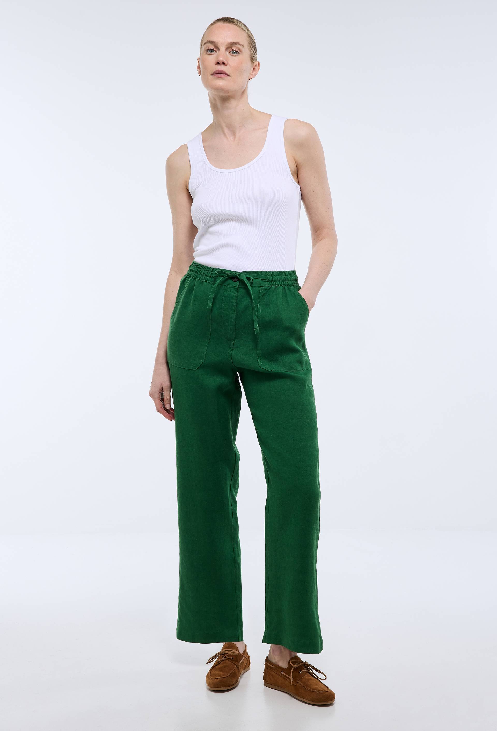 Pantalon taille semi-&eacute;lastiqu&eacute;e uni en lin, Vert fonc&eacute;, large image number 0.0