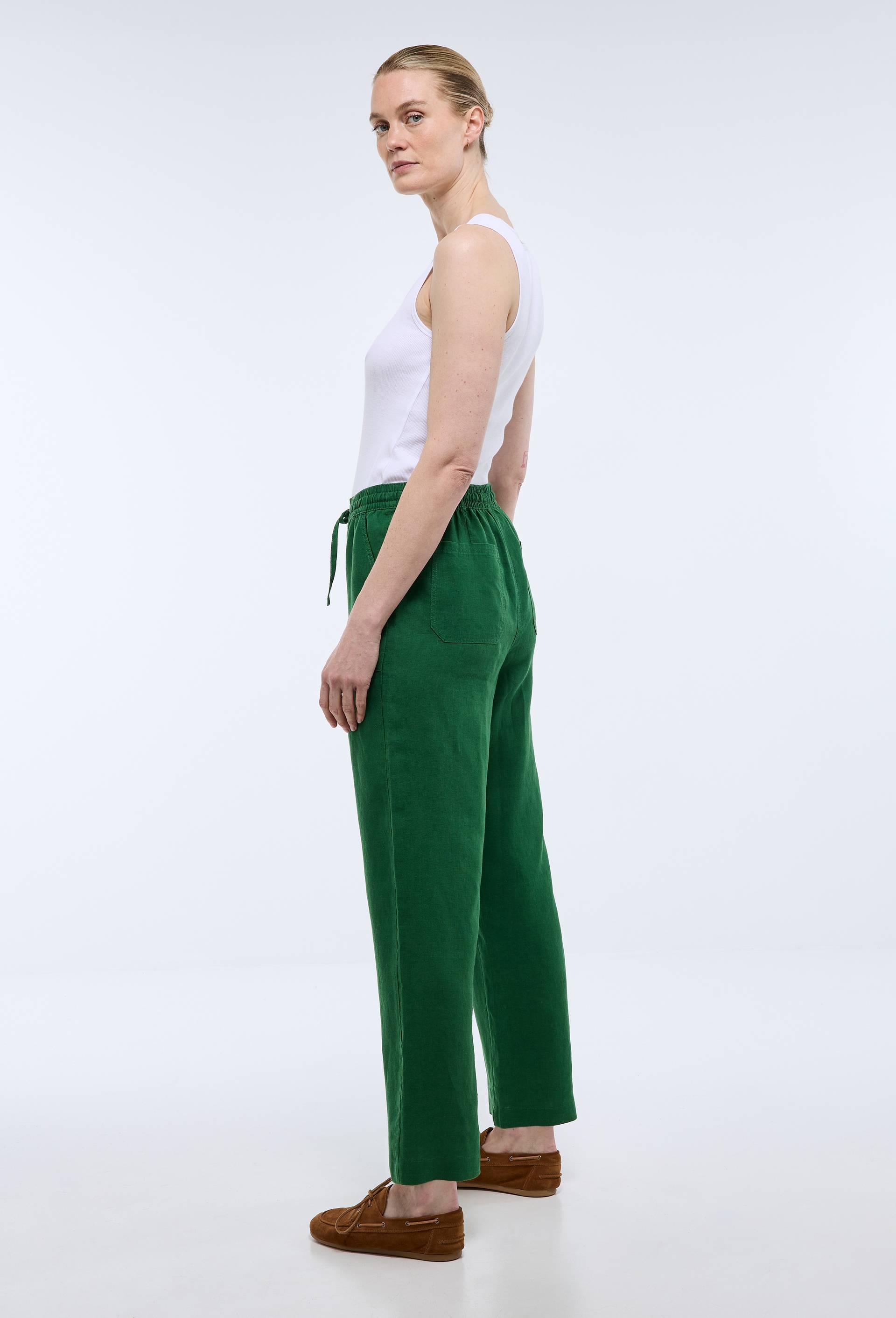 Pantalon taille semi-&eacute;lastiqu&eacute;e uni en lin, Vert fonc&eacute;, large image number 1