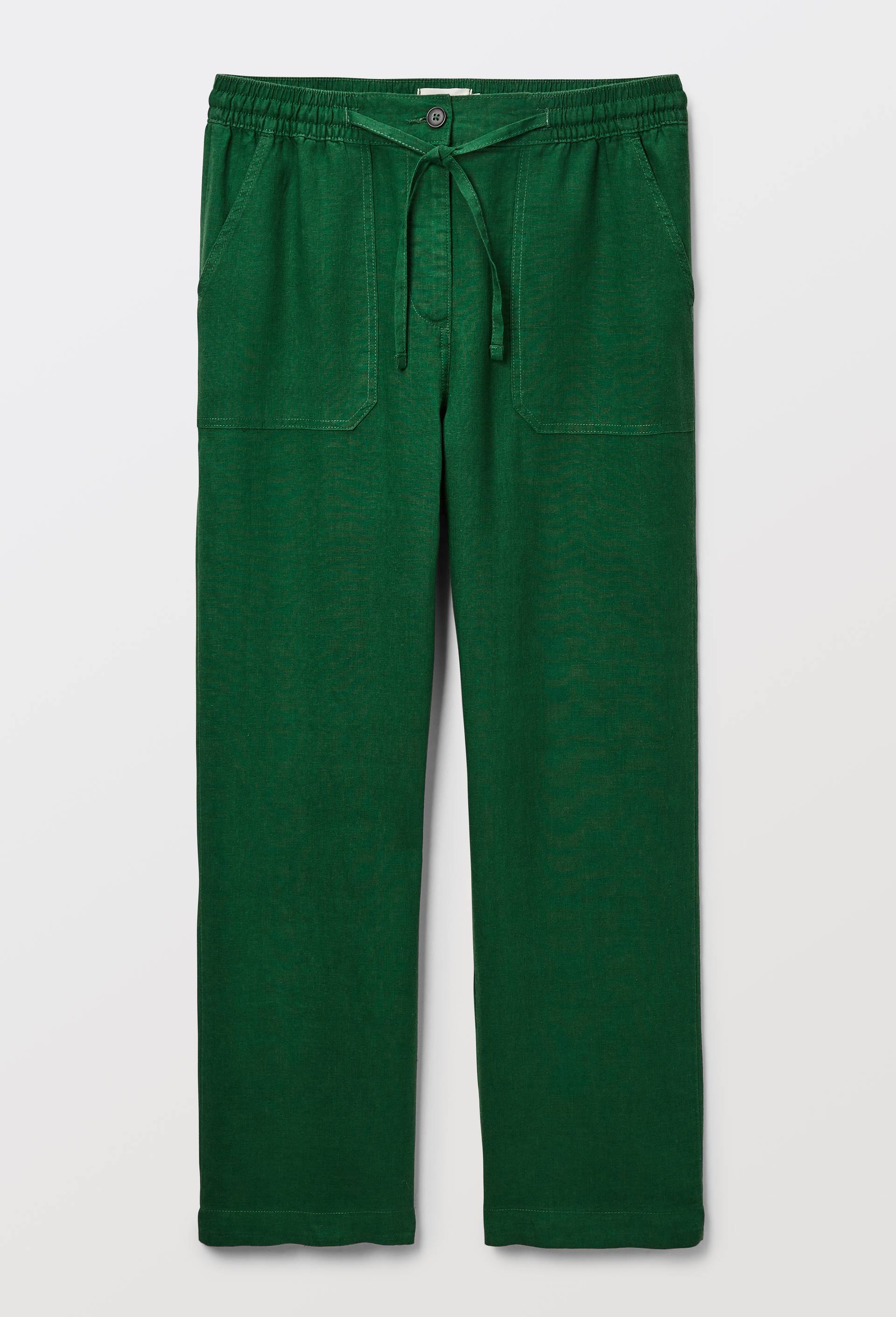 Pantalon taille semi-&eacute;lastiqu&eacute;e uni en lin, Vert fonc&eacute;, large image number 2