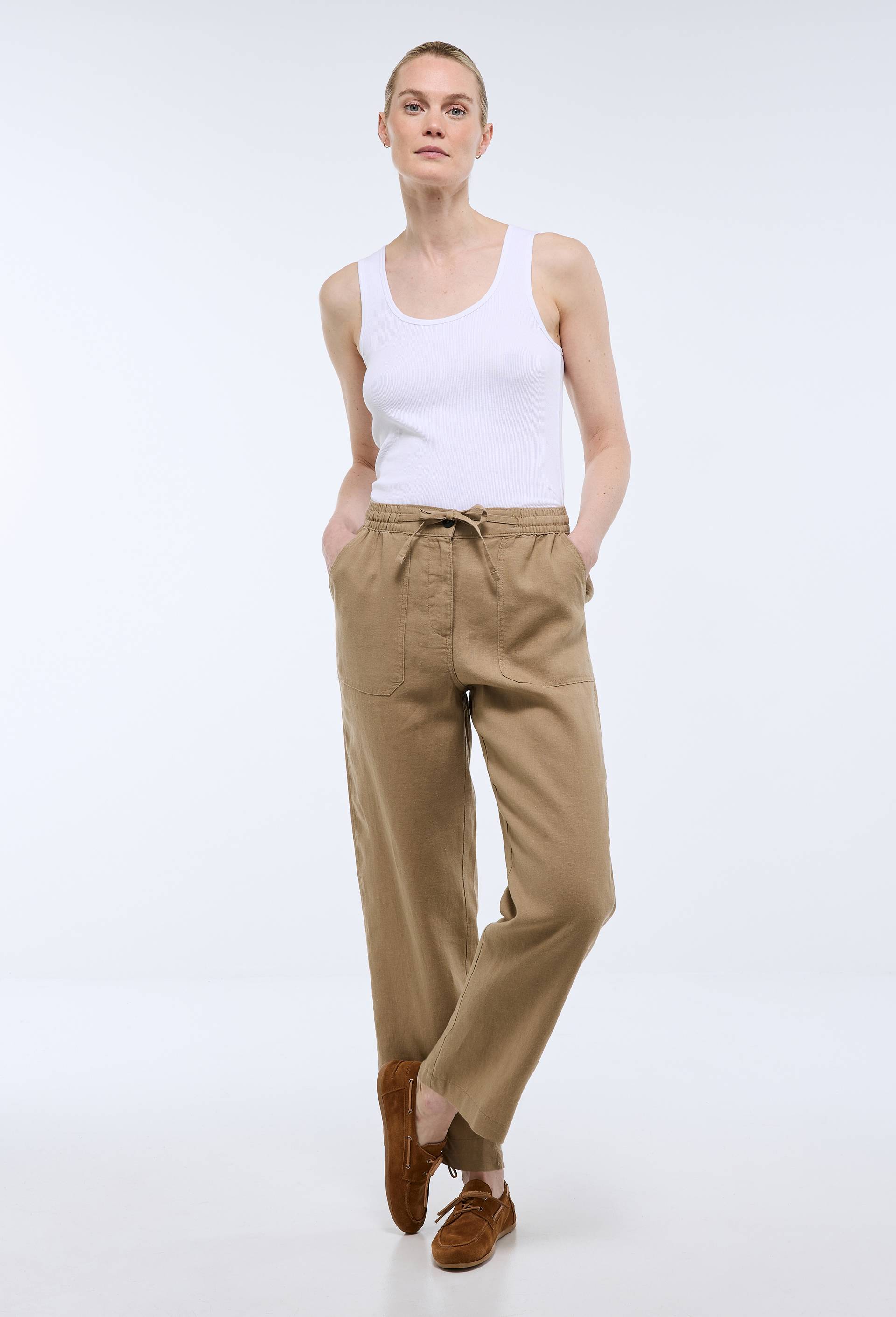 Pantalon taille semi-&eacute;lastiqu&eacute;e uni en lin, Beige, large image number 0